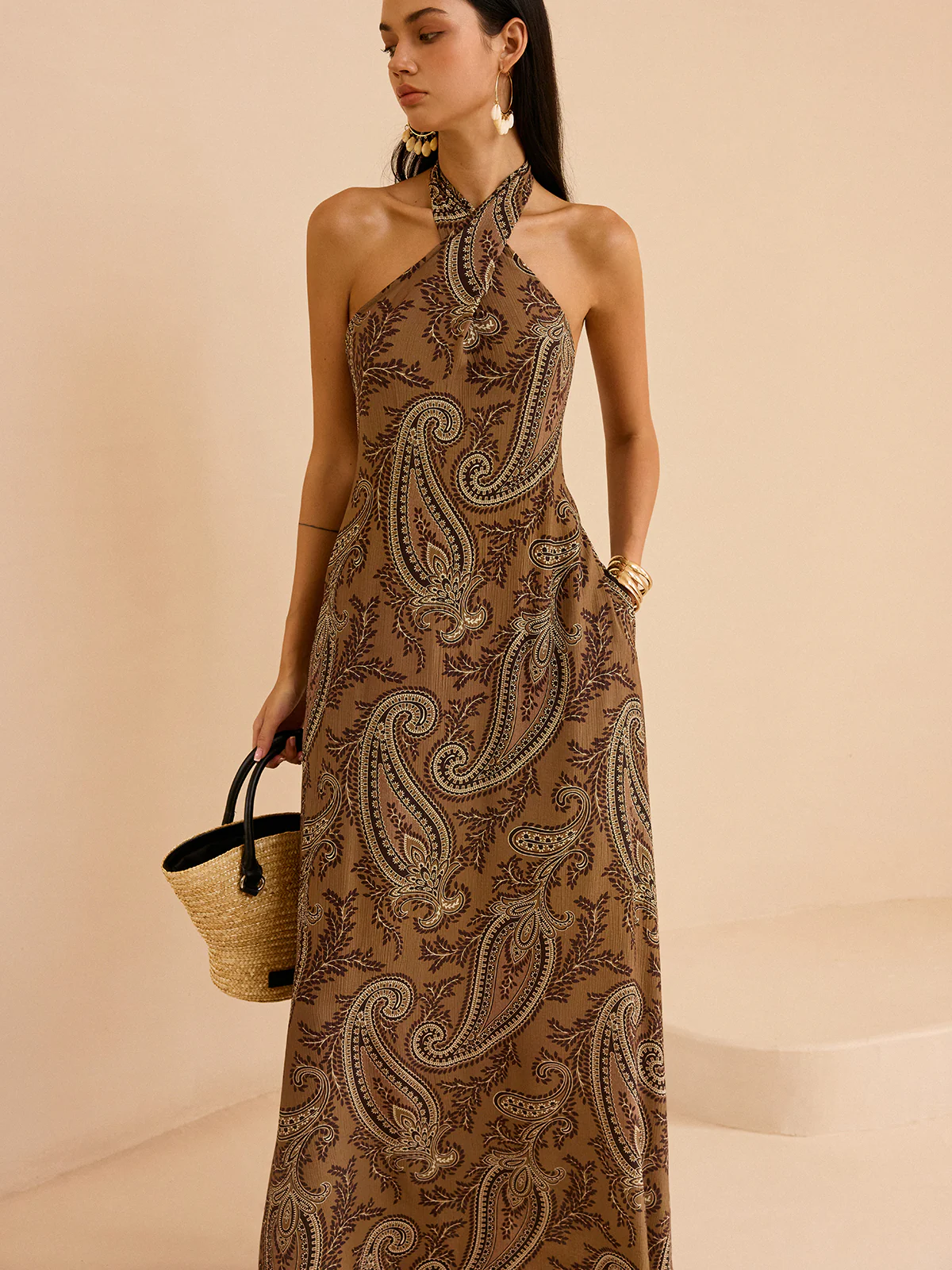Paisley Print Halter Backless Maxi Dress - Wholesalesil