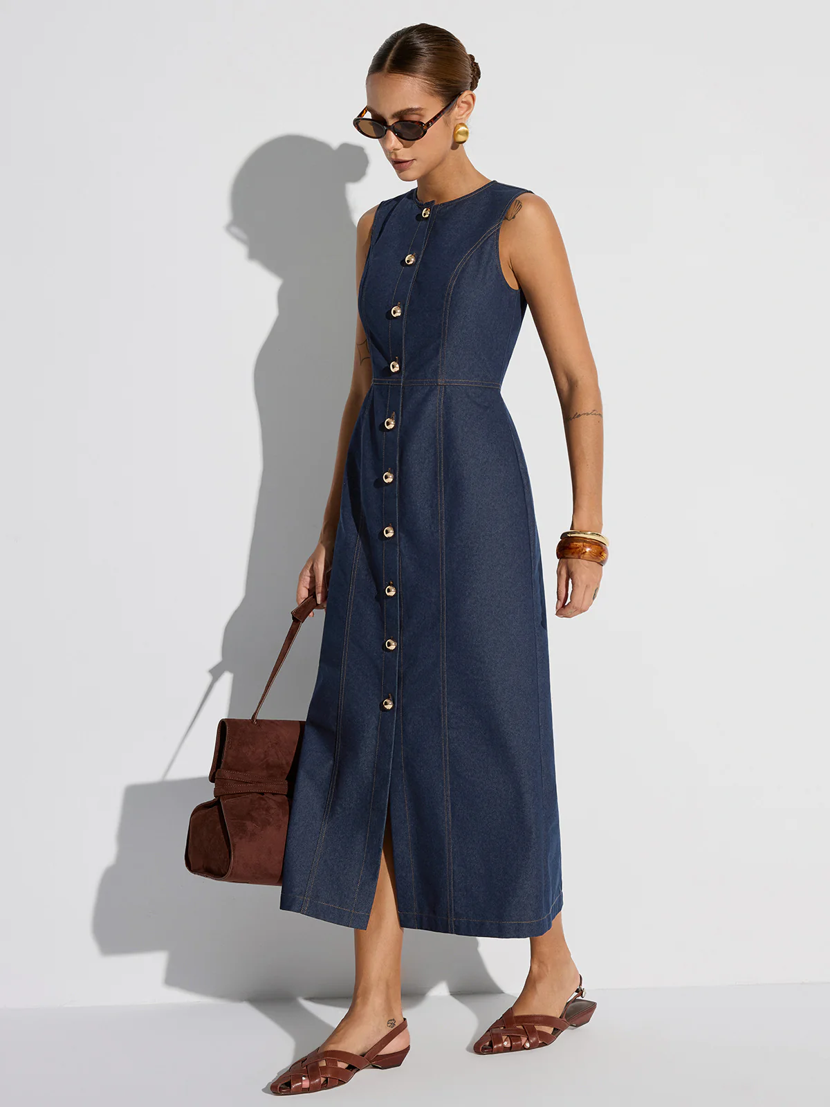 Button-Front Sleeveless Denim Maxi Dress - Wholesalesil