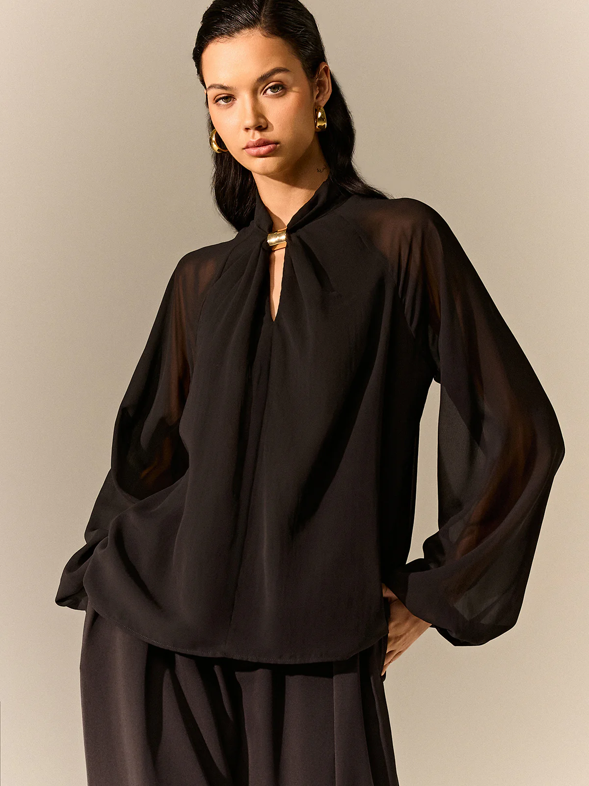 Semi-Sheer Chiffon Blouse with Neckline Metal Detail - Wholesalesil