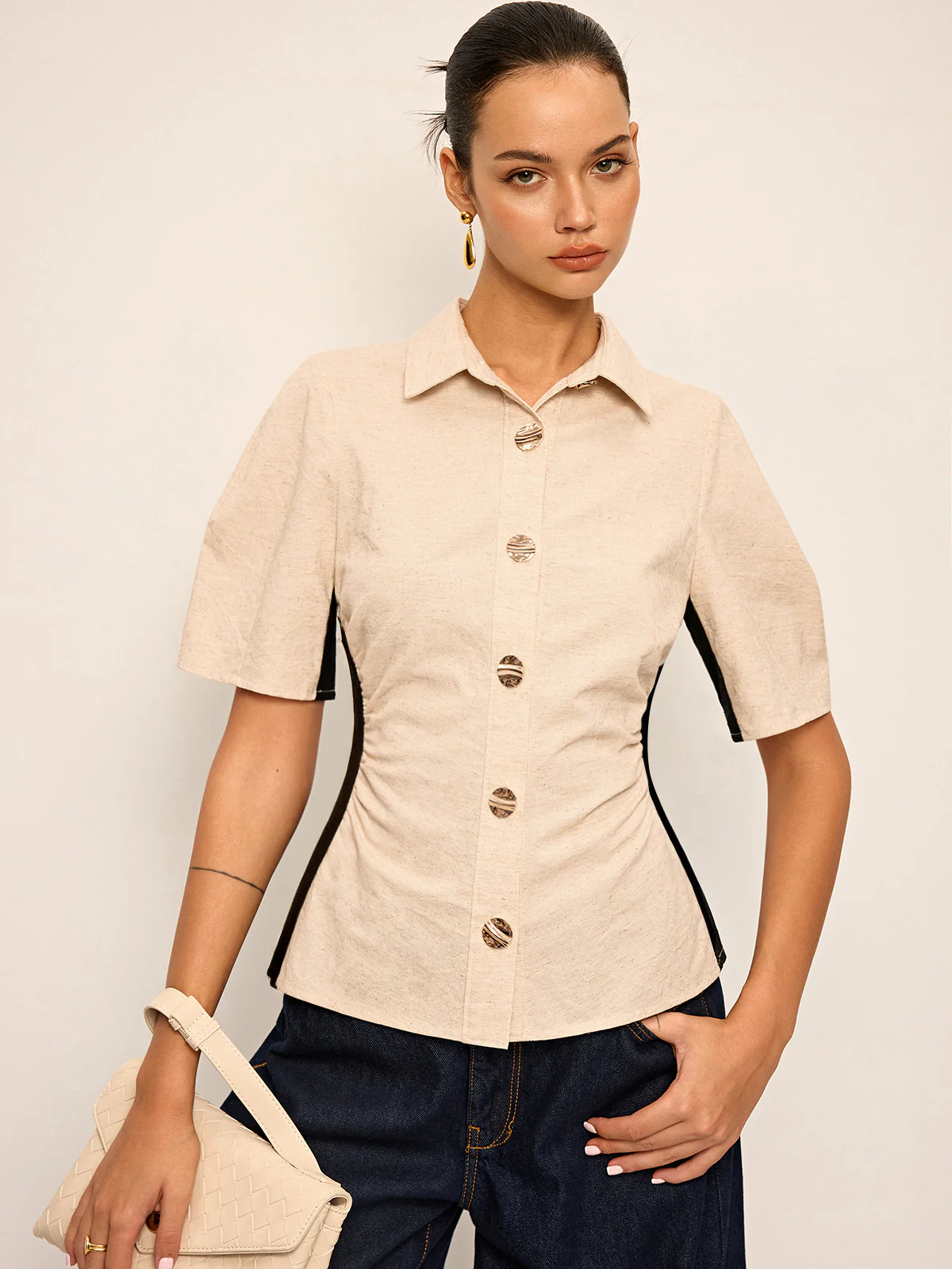 Cotton & Linen Contrast Trim Ruched Shirt - Wholesalesil