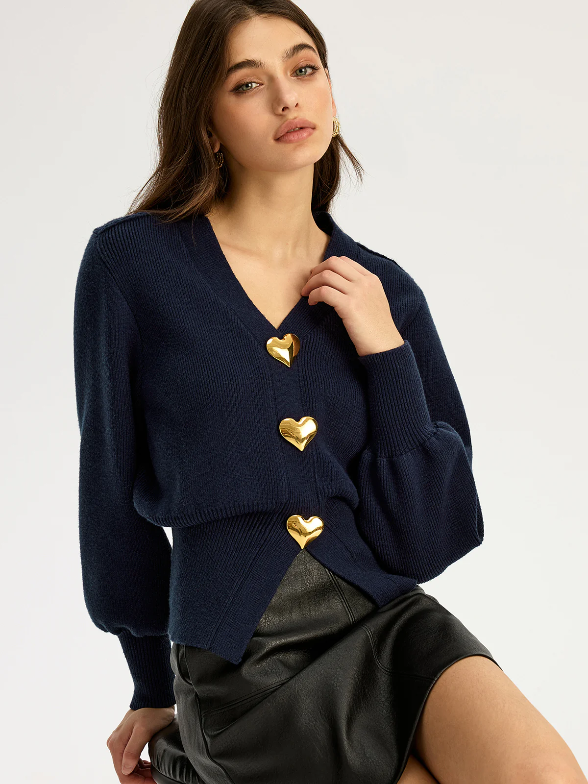 Heart Metal Detail V-Neck Sweater - Wholesalesil