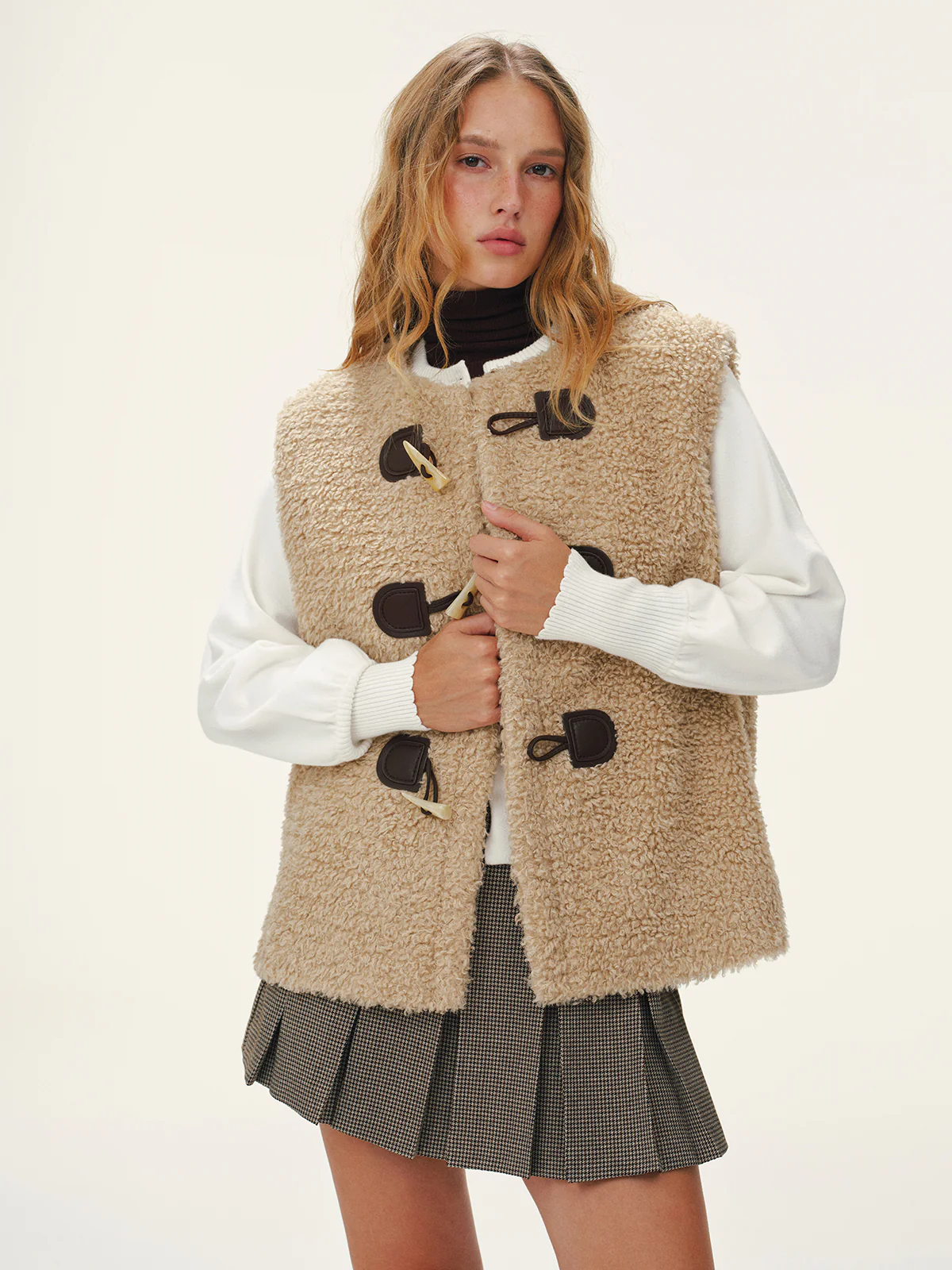 Faux Leather Buckle Fleece Sleeveless Vest - Wholesalesil