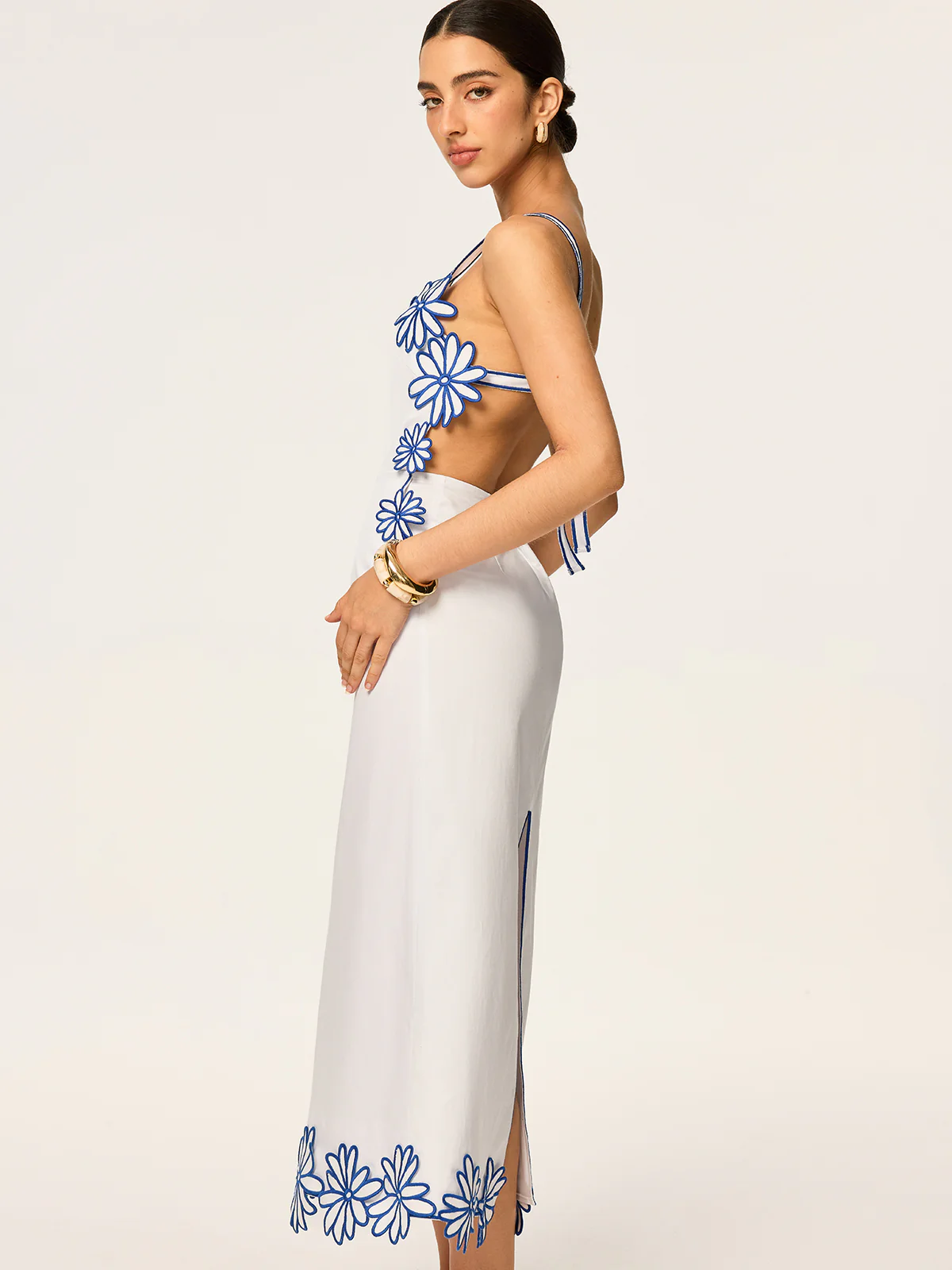 Semi-Sheer Floral Embroidery Back Bow Maxi Dress - Wholesalesil