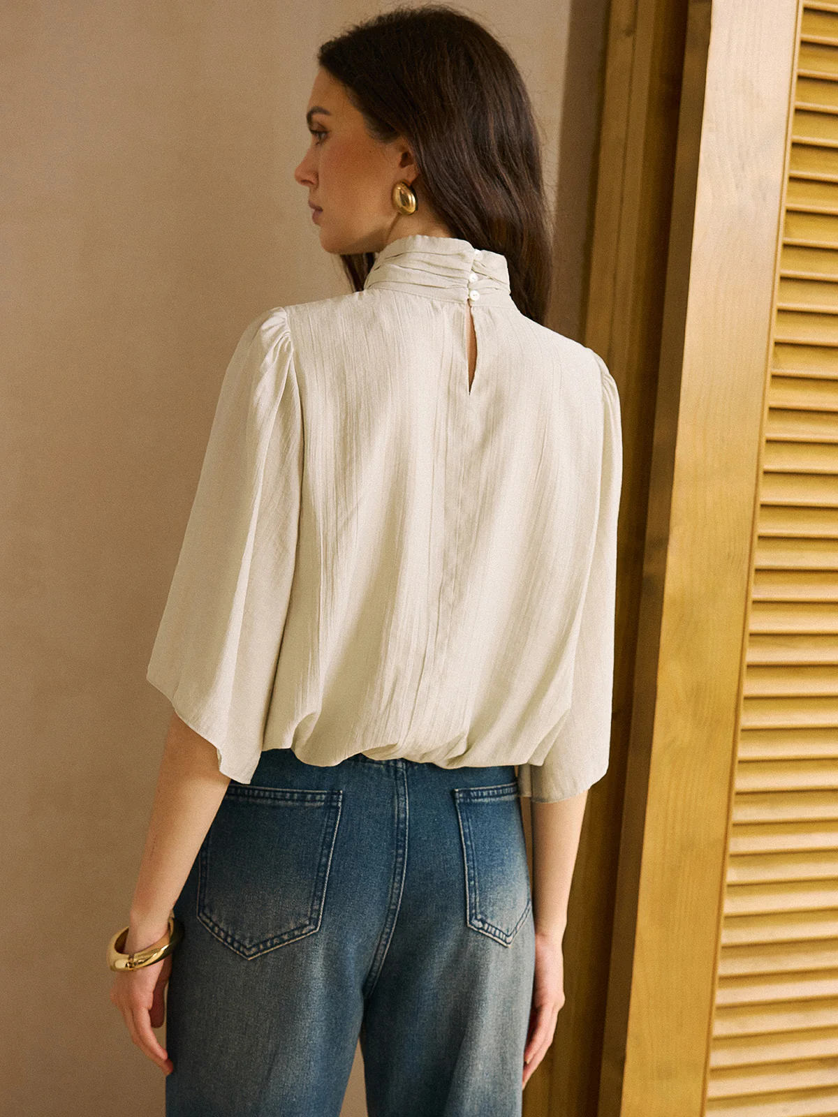 Elastic Hem Half-Sleeve Shirt - Wholesalesil