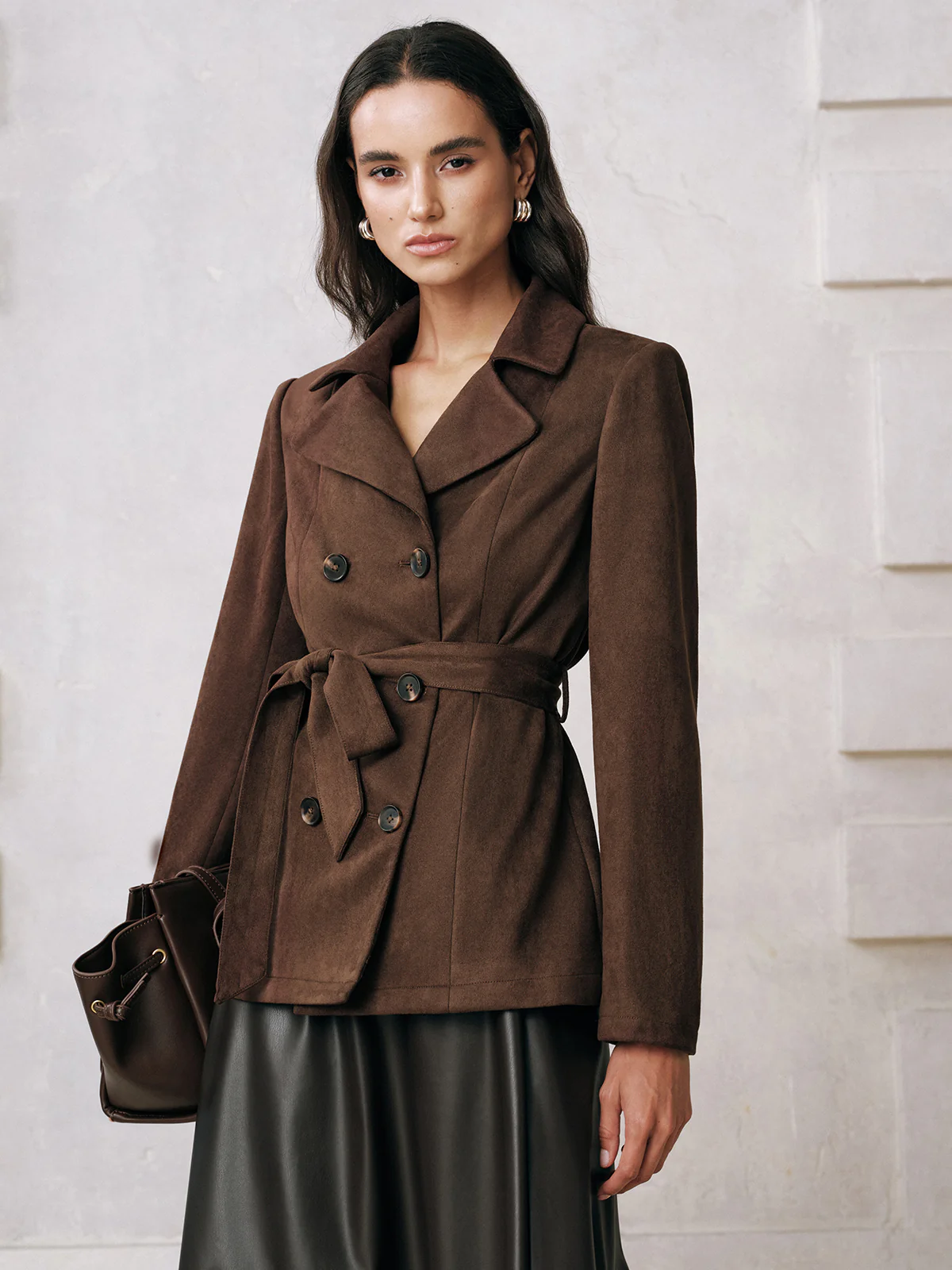 Belted Double-Breasted Suede Effect Jacket - Wholesalesil