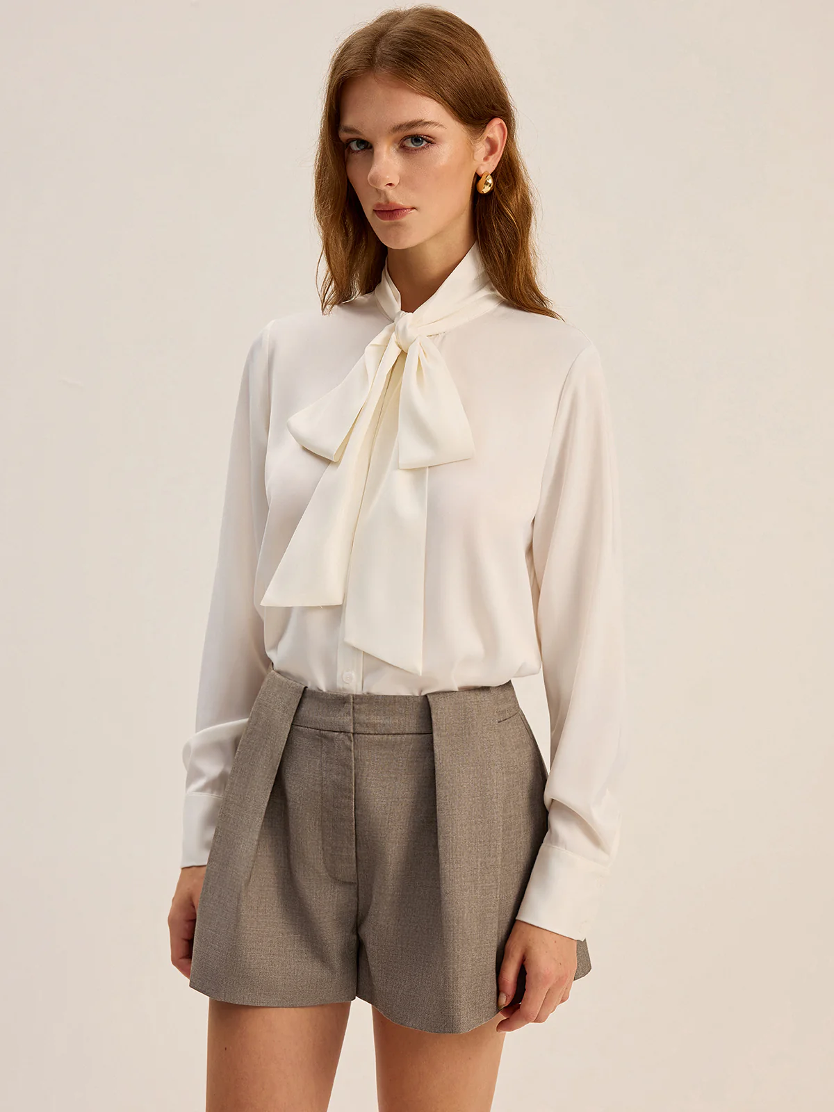 Satin Bow-Tie Neck Long-Sleeve Shirt - Wholesalesil