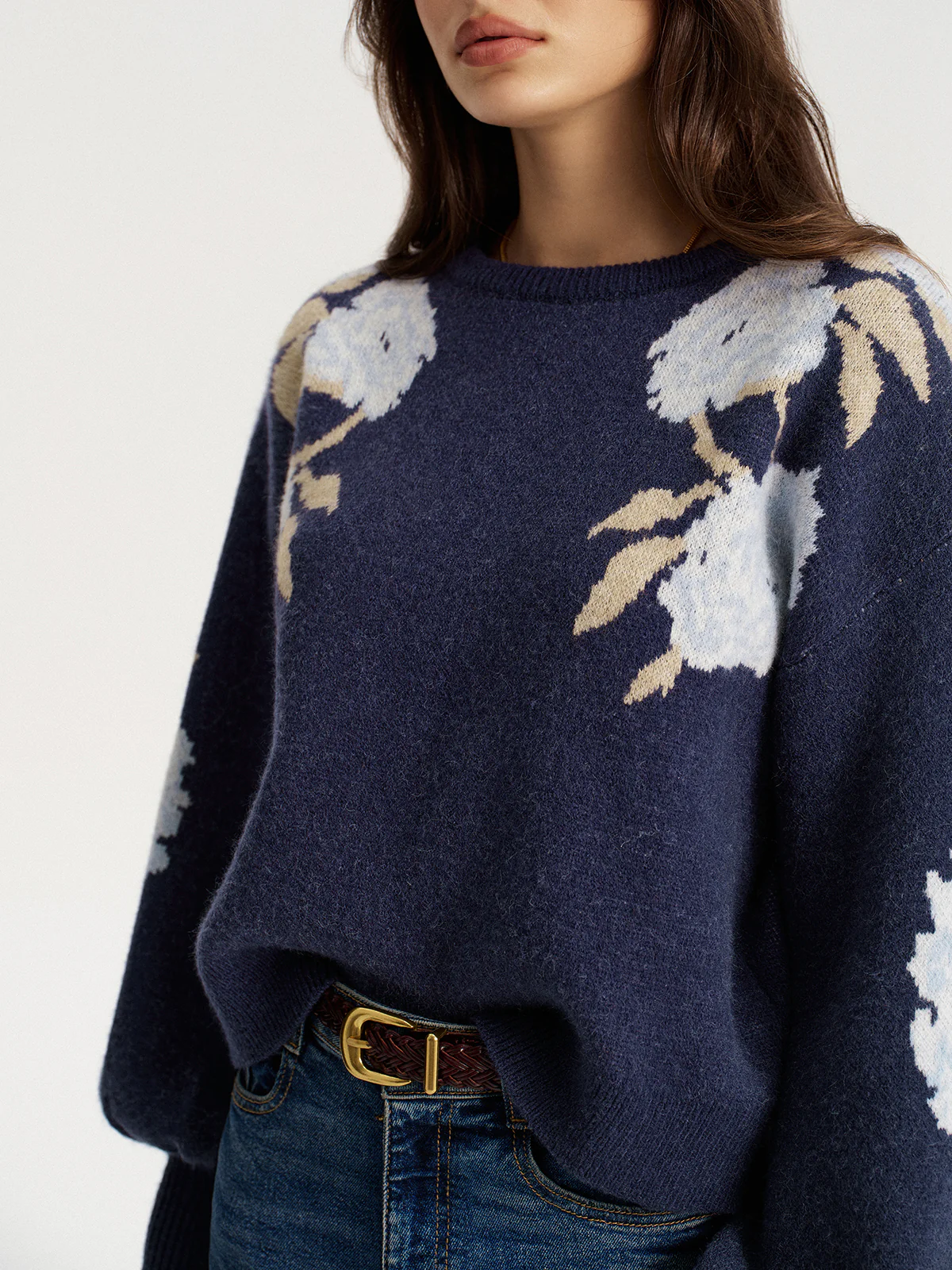 Floral Jacquard Balloon Sleeve Knit Top - Wholesalesil