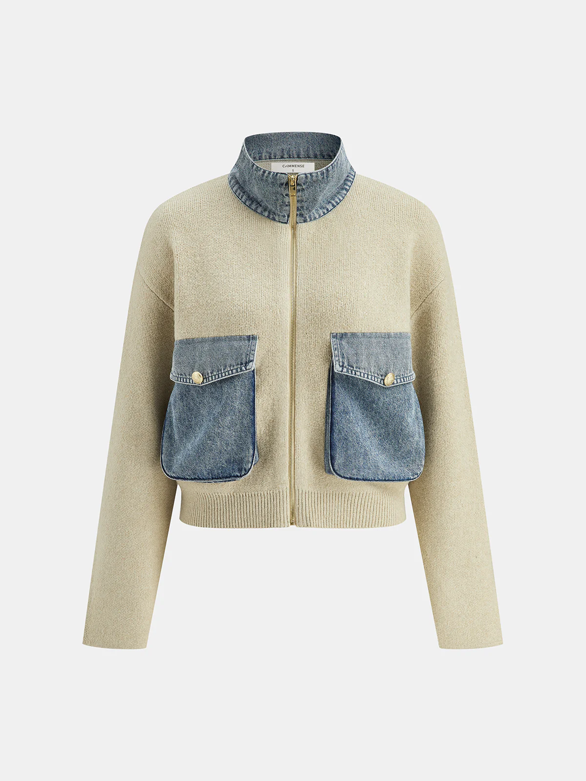 Denim Panel Zipper-Front Knit Cardigan - Wholesalesil