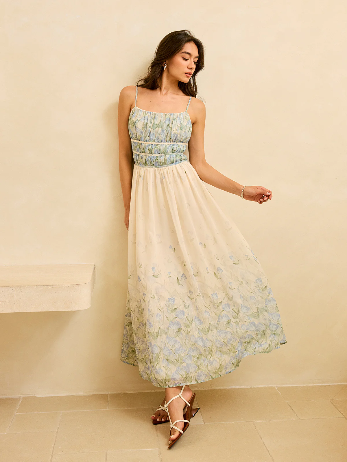 Semi-Sheer Floral Print Pleat Waist Tiered Maxi Dress - Wholesalesil