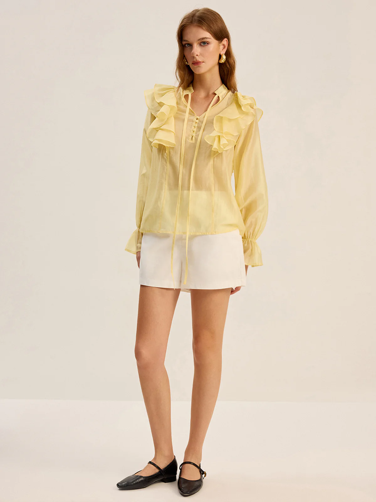 Semi-Sheer Tencel Ruffle Tie Neck Blouse - Wholesalesil
