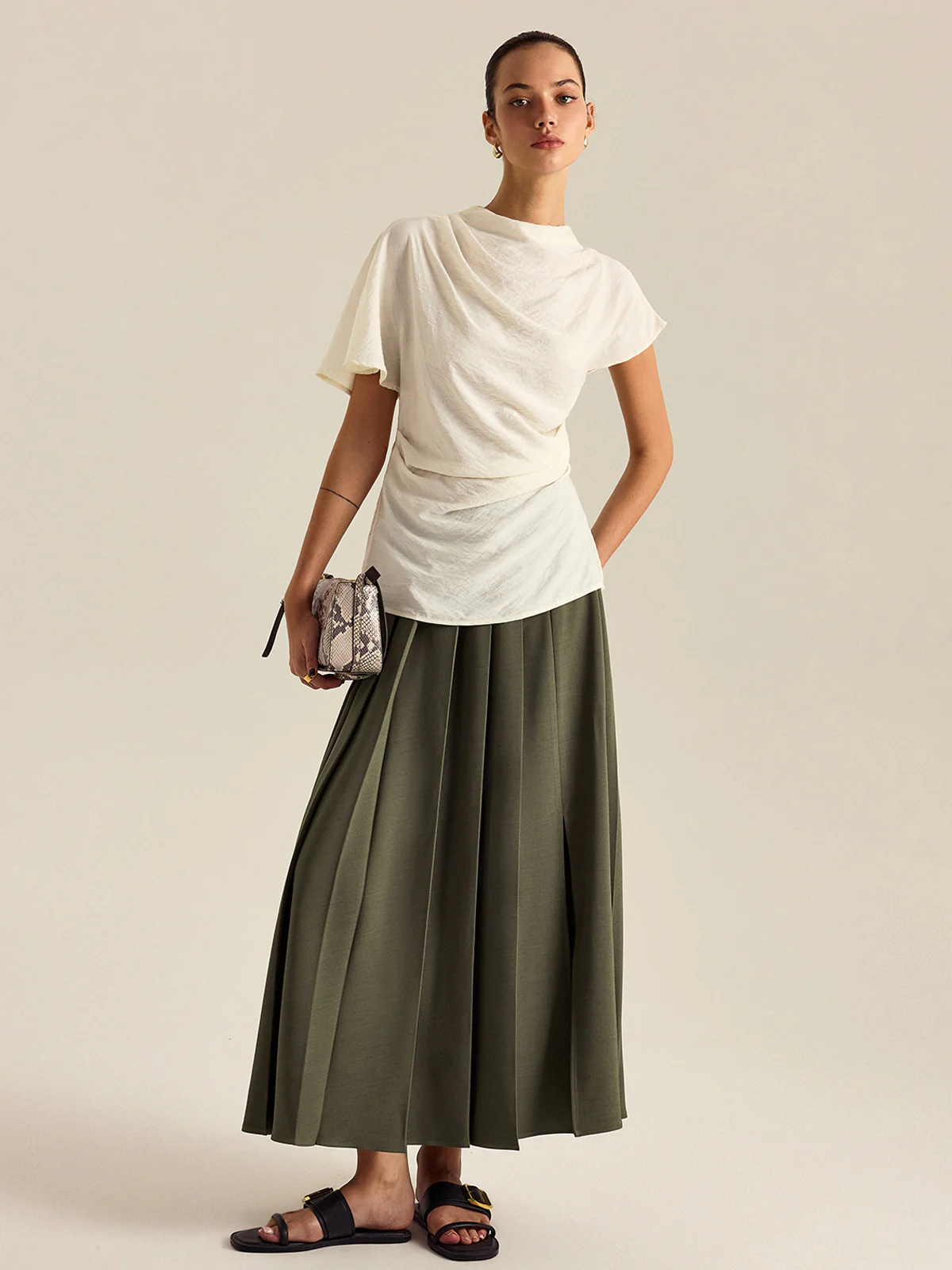 Draped Mock Neck Blouse - Wholesalesil