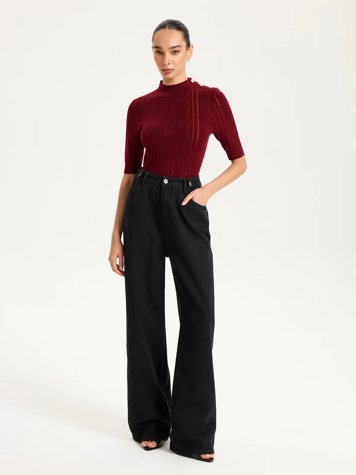 Shoulder Button Mock Neck Short Sleeve Sweater - Wholesalesil