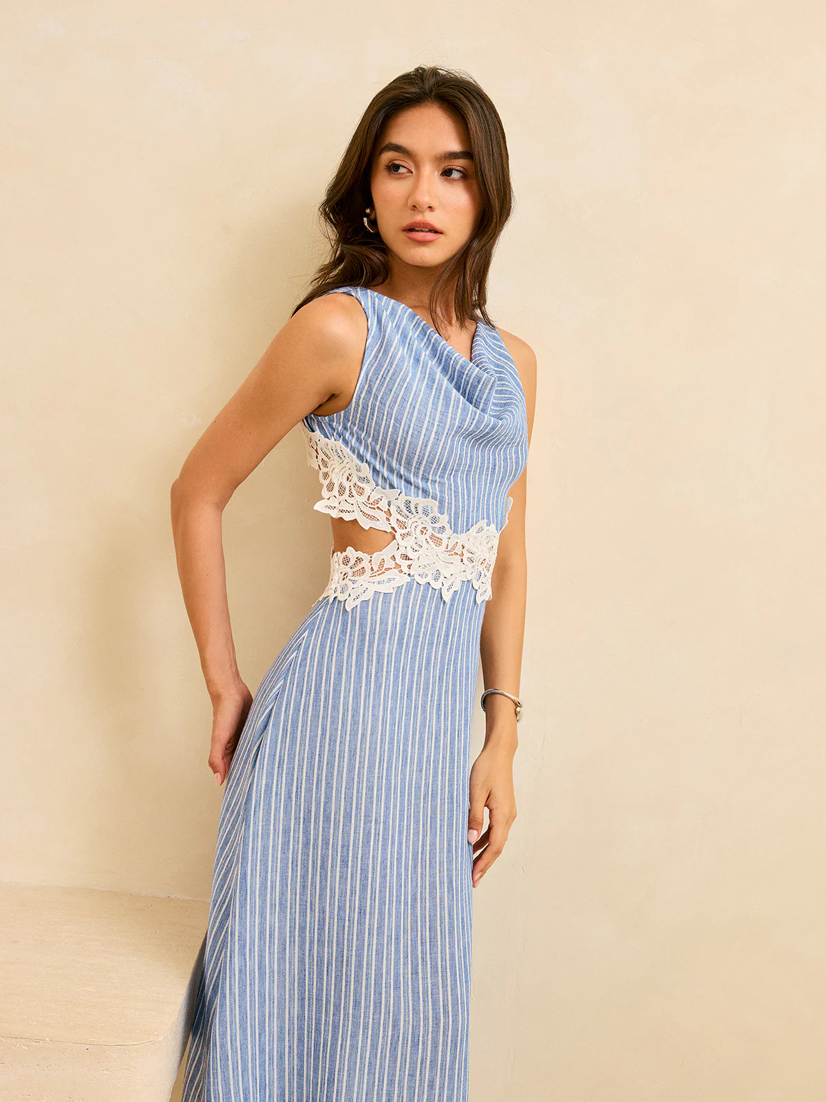 Striped Backless Dress with Lace Detail - Wholesalesil