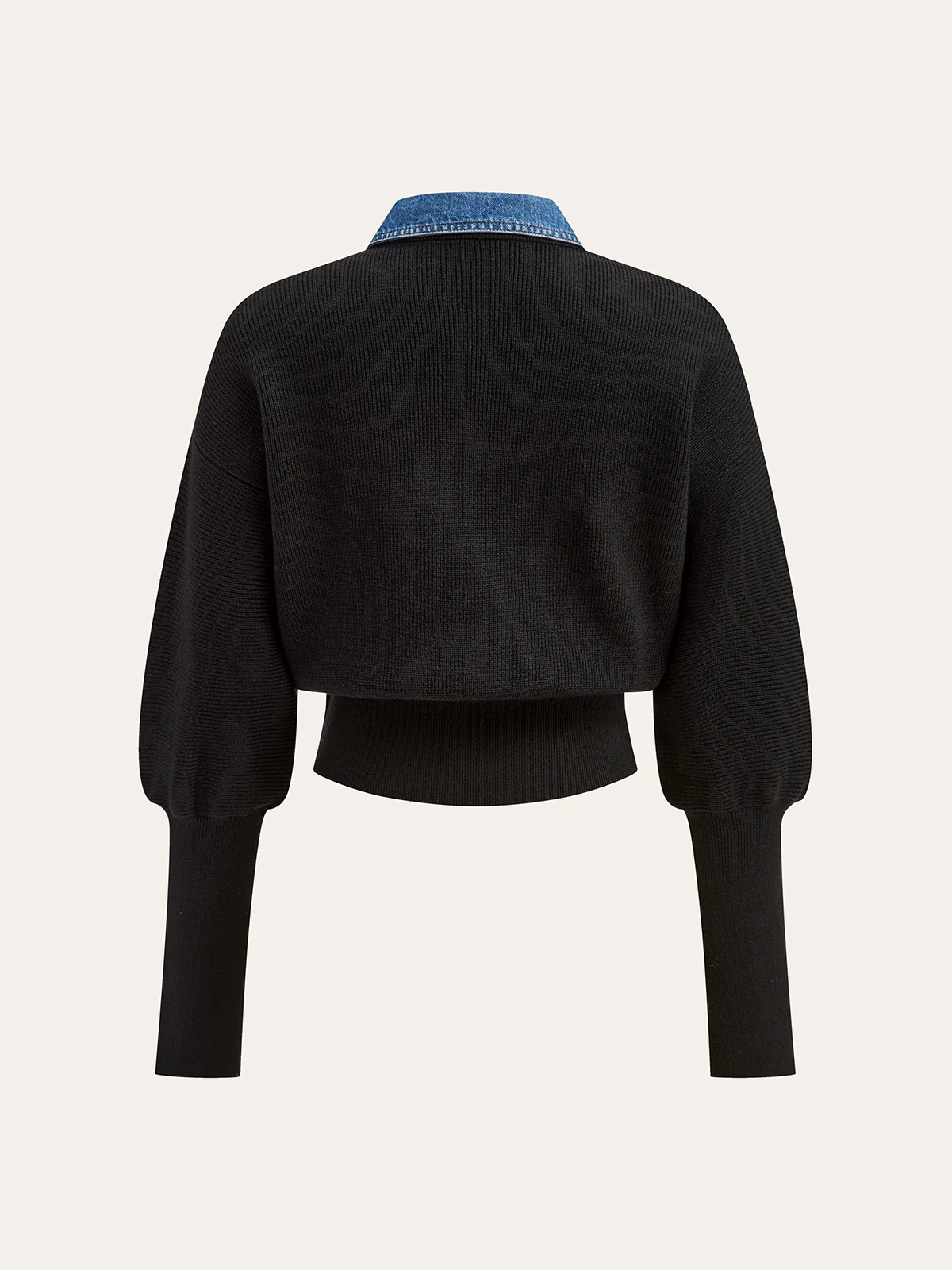 Wool Blend Denim Collar Puff Sleeve Cardigan - Wholesalesil