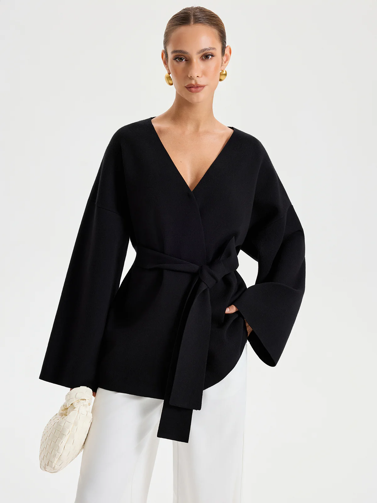 Belted V-neck Kimono Cardigan - Wholesalesil