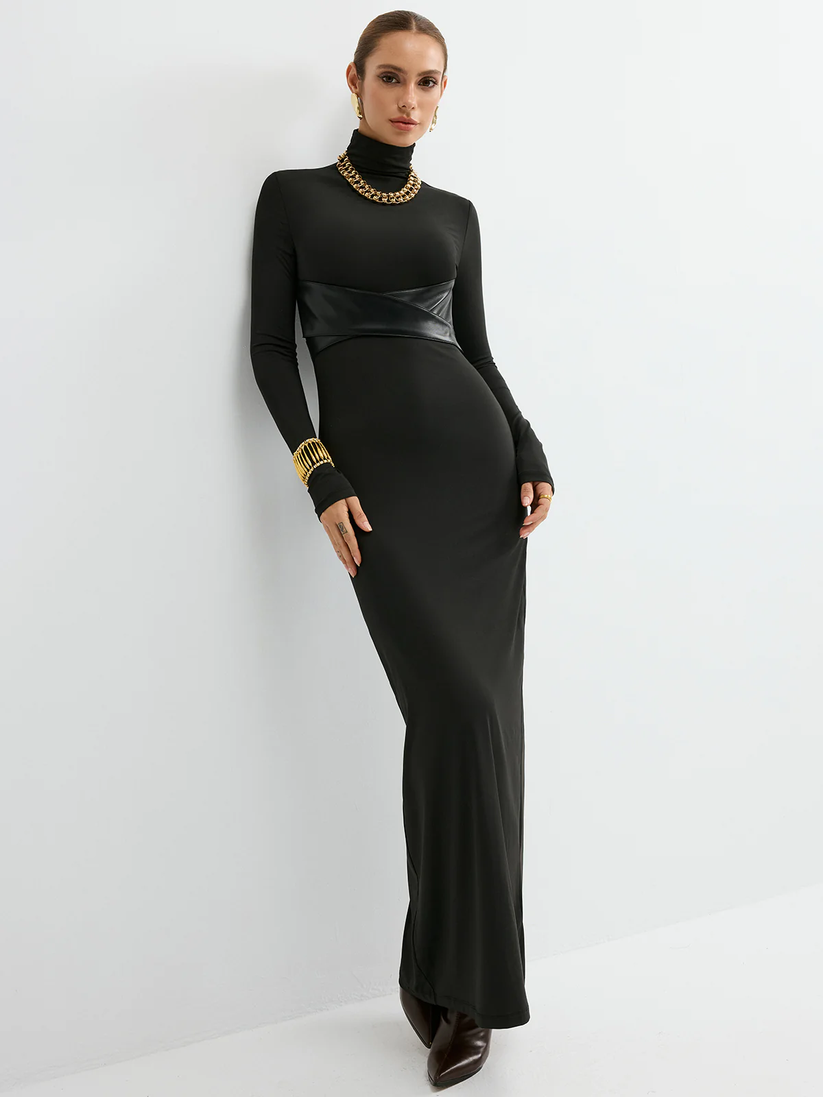 Turtleneck Faux Leather Paneled Maxi Dress - Wholesalesil