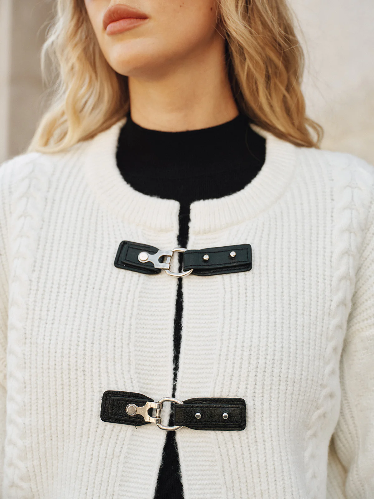 Cable-Knit Cardigan with Buckle Closure - Wholesalesil