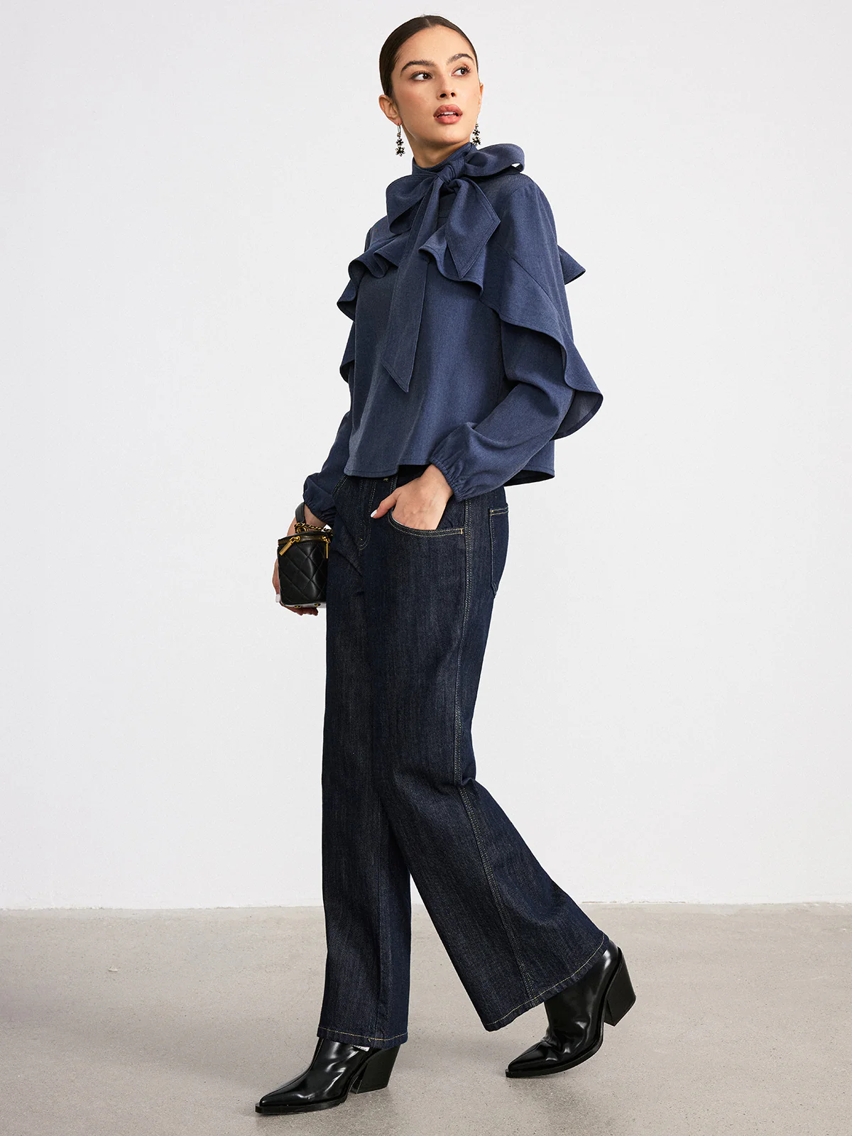 Tie Neck Ruffled Detail Faux Denim Shirt - Wholesalesil