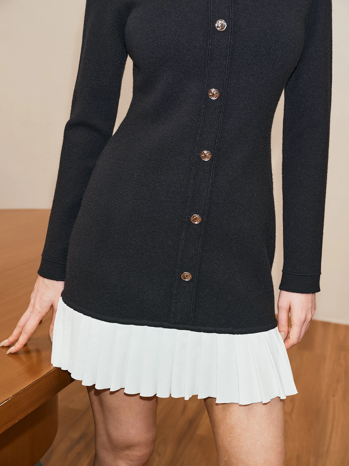 Long Sleeve Pleated Hem Sweater Dress - Wholesalesil
