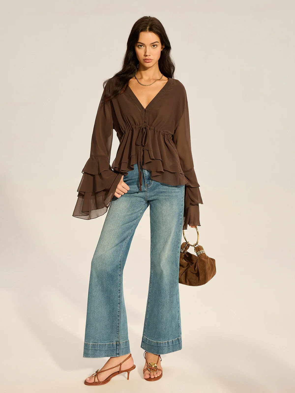 Semi-Sheer Chiffon Tiered Flared Sleeve Shirt - Wholesalesil