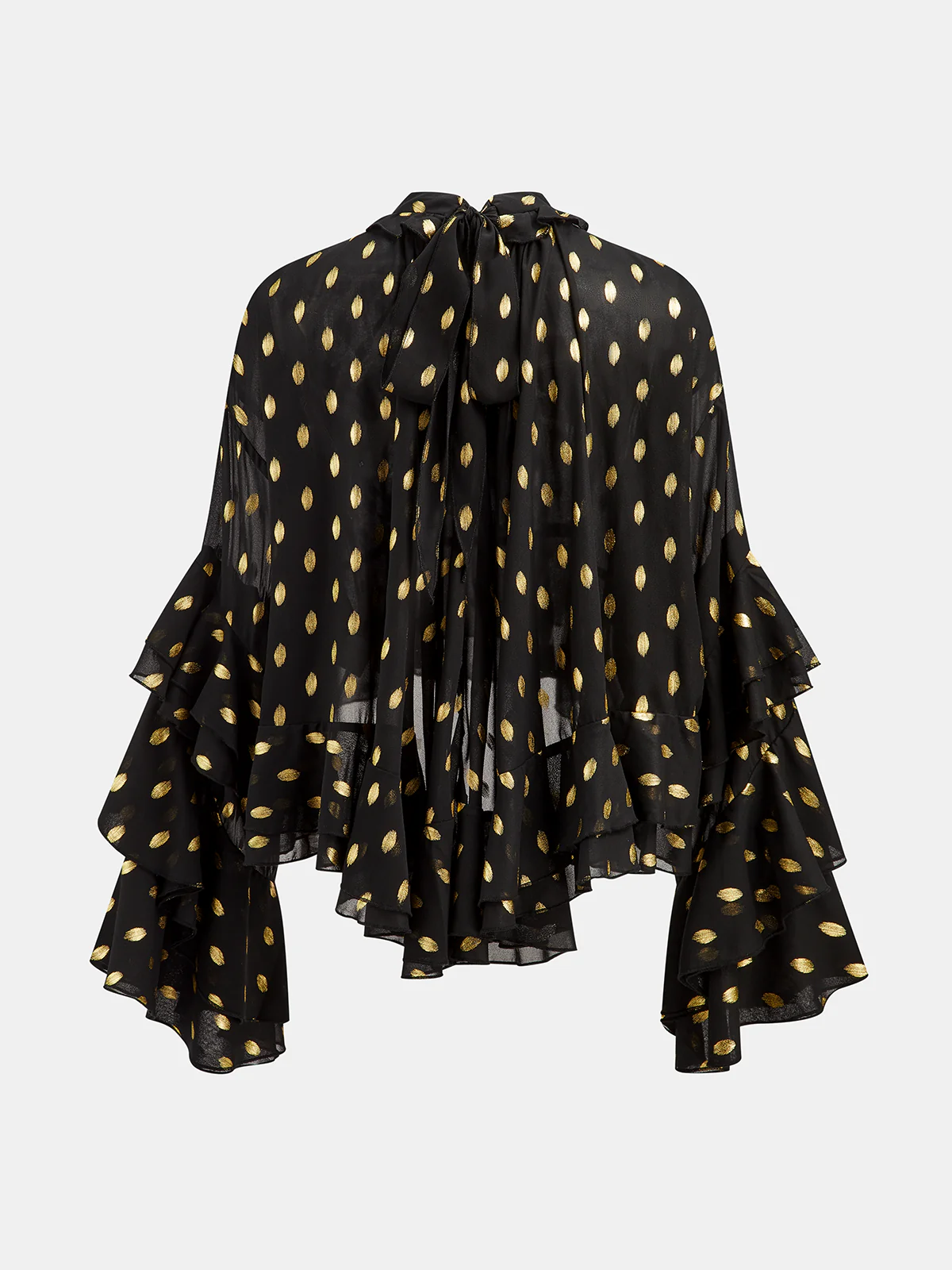 Semi-Sheer Foil Spot Print Ruffle Chiffon Blouse - Wholesalesil