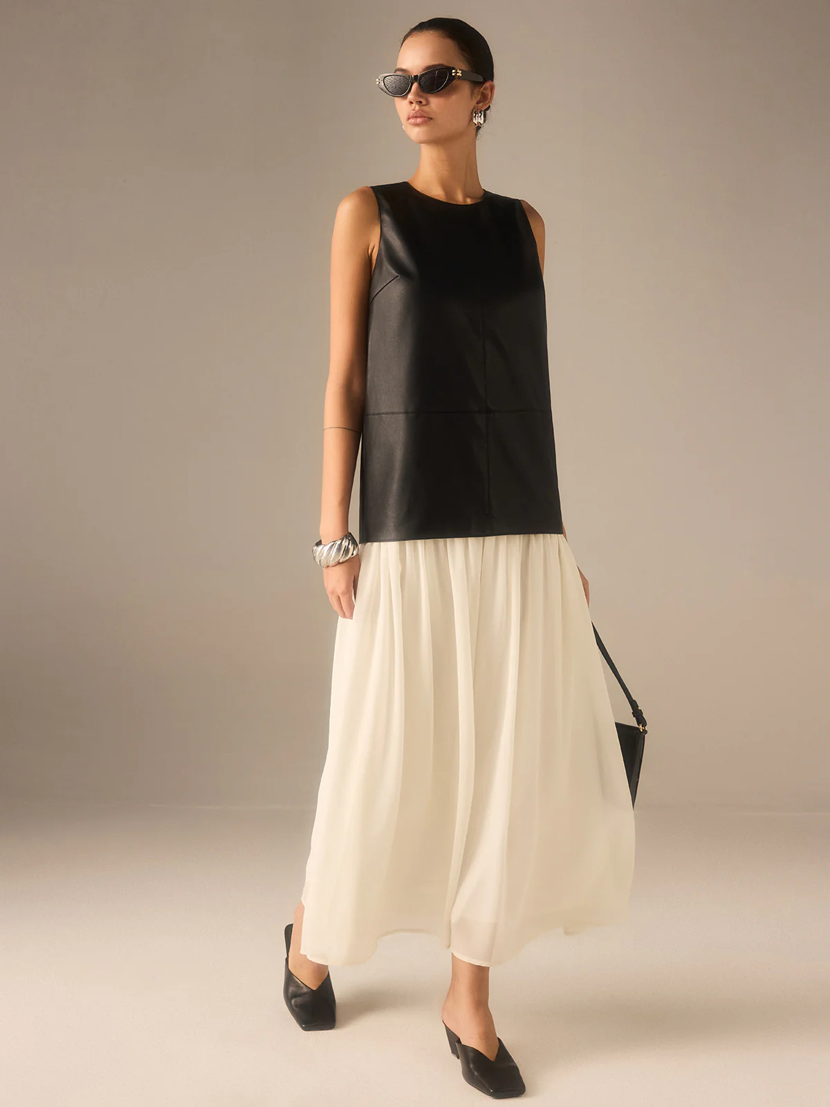 Two-Tone Faux Leather Chiffon Pleated Dress - Wholesalesil