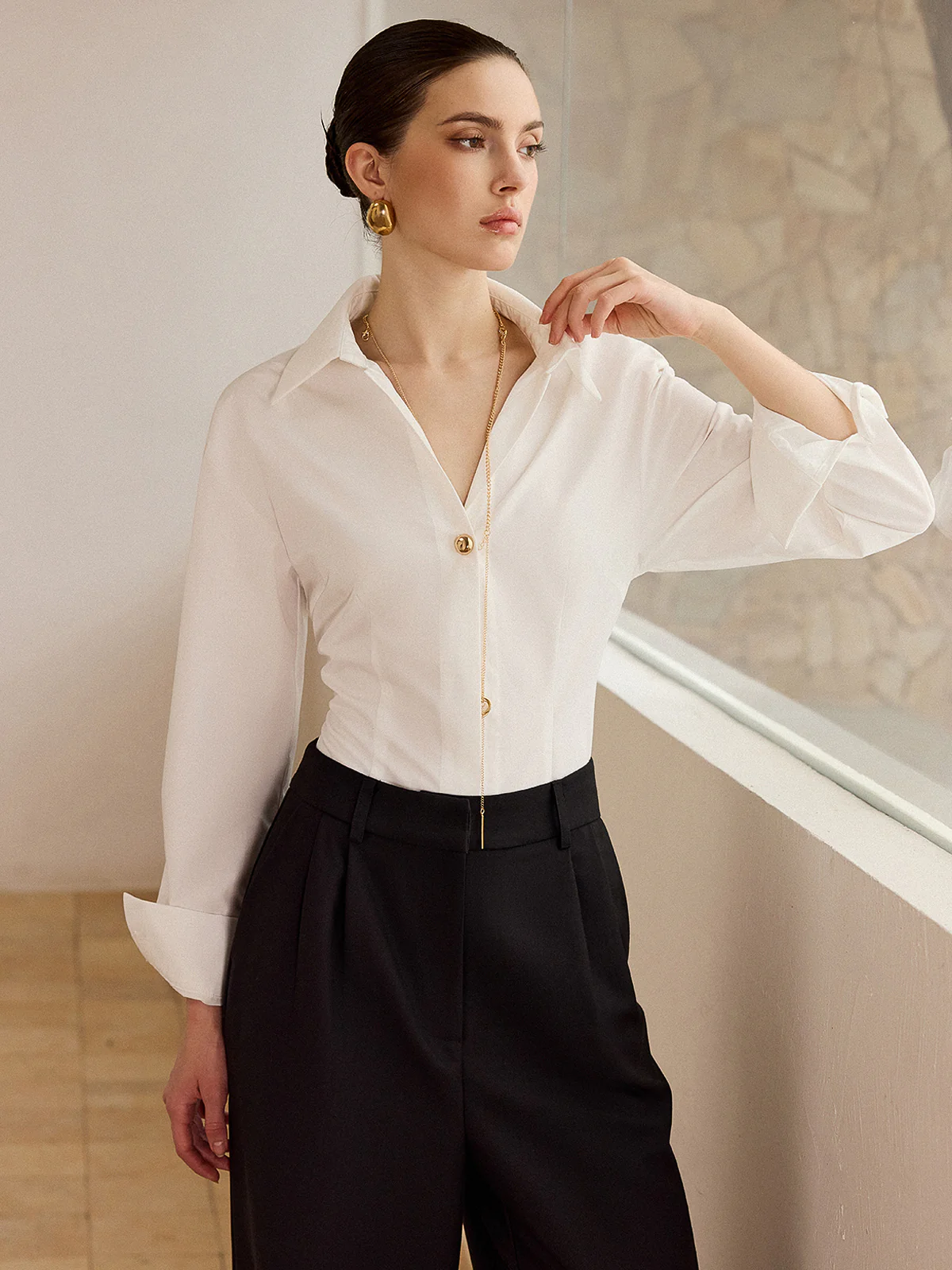 Metal Button Long-Sleeve Shirt - Wholesalesil