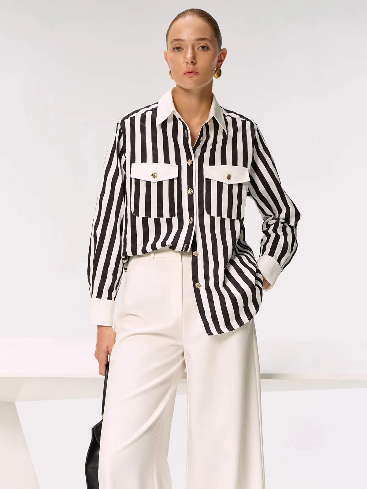 Cotton Blend Striped Metal Button Shirt - Wholesalesil