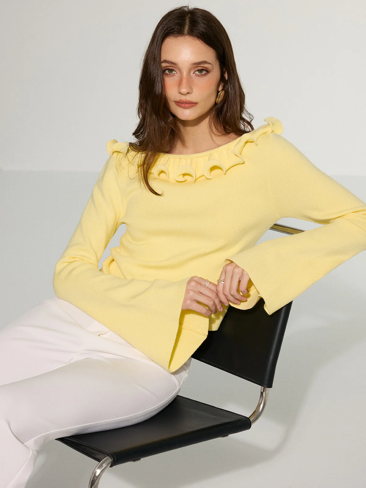 Off-Shoulder Ruffled Collar Flared Sleeve Sweater - Wholesalesil