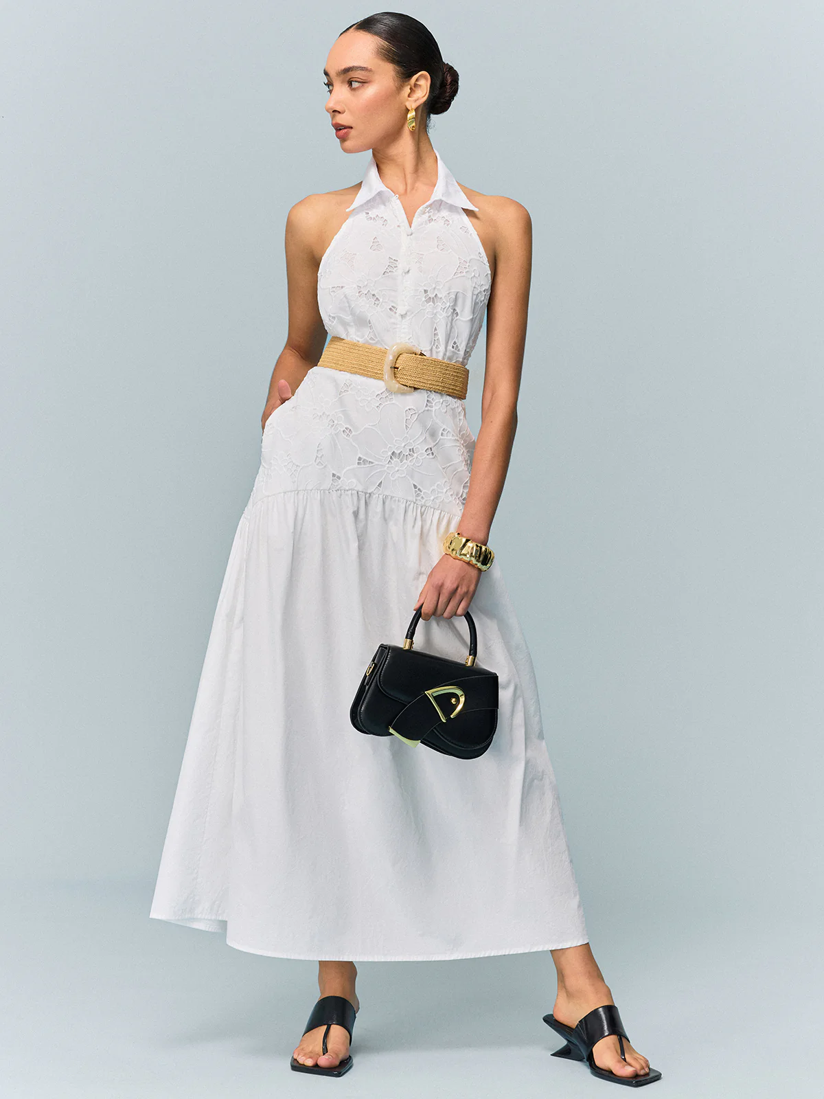 Pocketed Halter Neck Embroidered Dress with Non-Belted - Wholesalesil