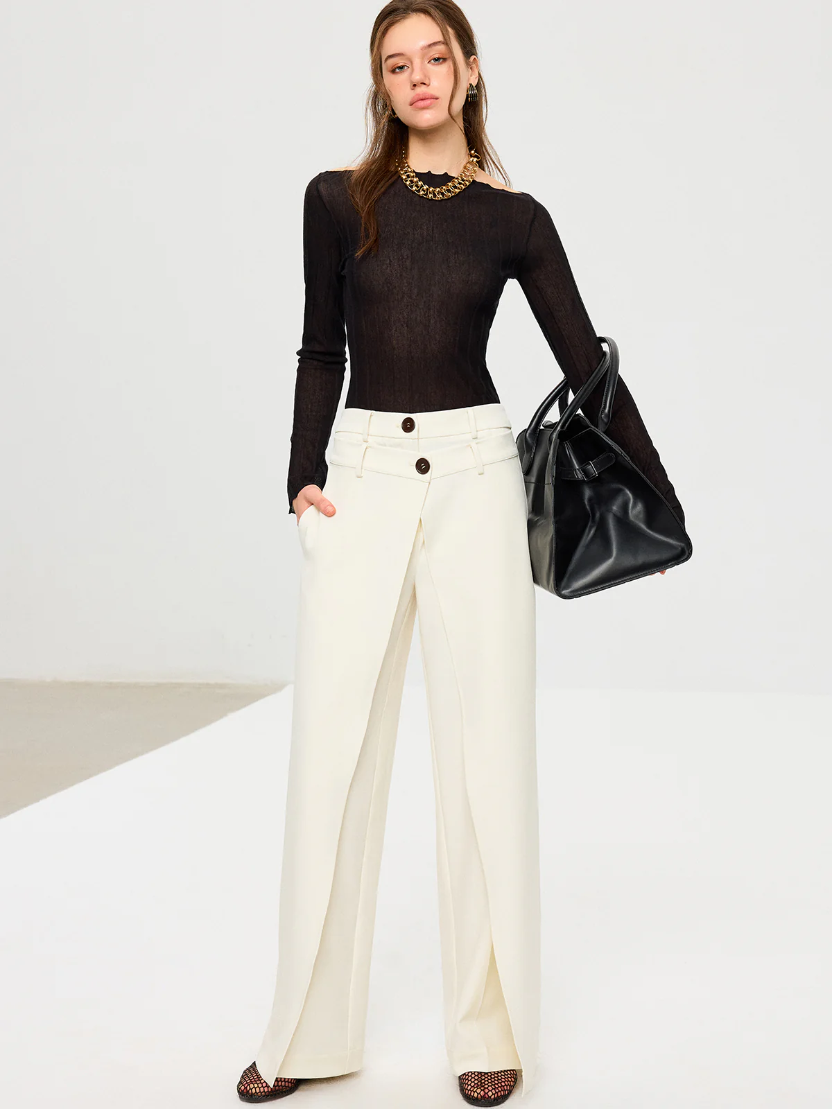 Double Waistband Layered Wide-Leg Pants - Wholesalesil