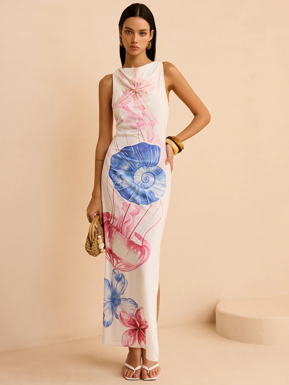 Semi-Sheer Ocean Print Maxi Dress with Slit - Wholesalesil