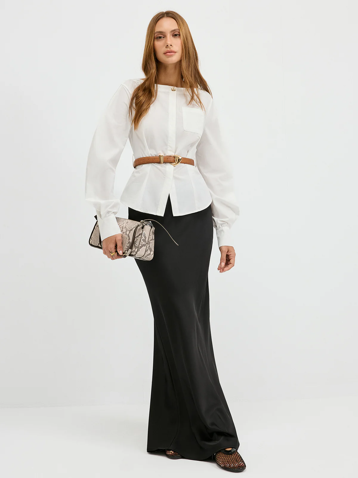 Boat Neck Curved Sleeve Belted Shirt - Wholesalesil
