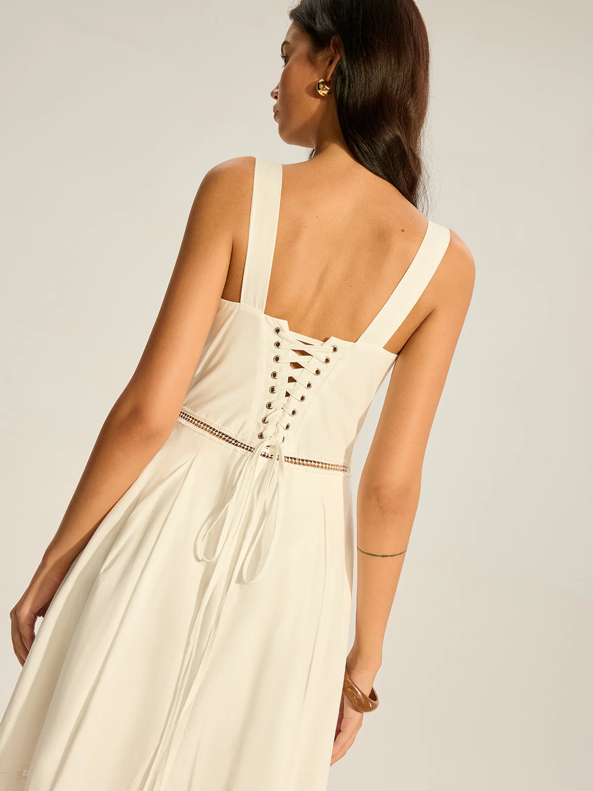 Lace Paneled Back-Tie Cotton Maxi Dress - Wholesalesil