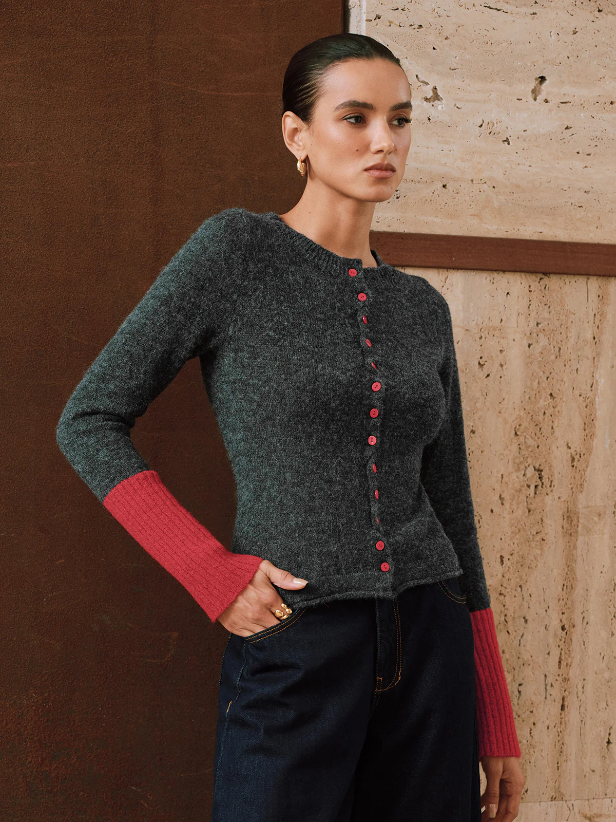 Contrast Cuff Wool-Blend Cardigan - Wholesalesil