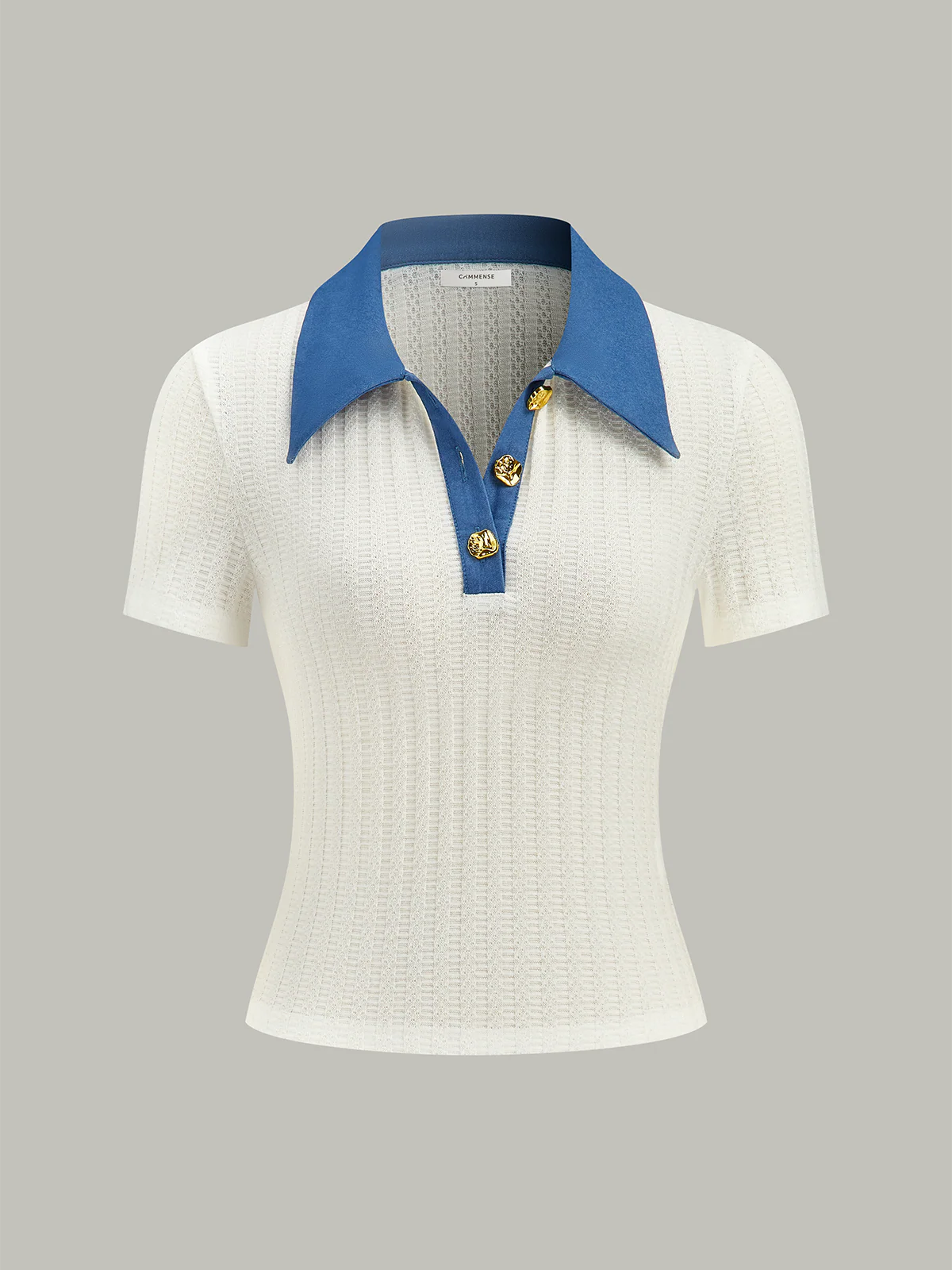 Denim-Collar Knit Polo Top with Metal Button - Wholesalesil