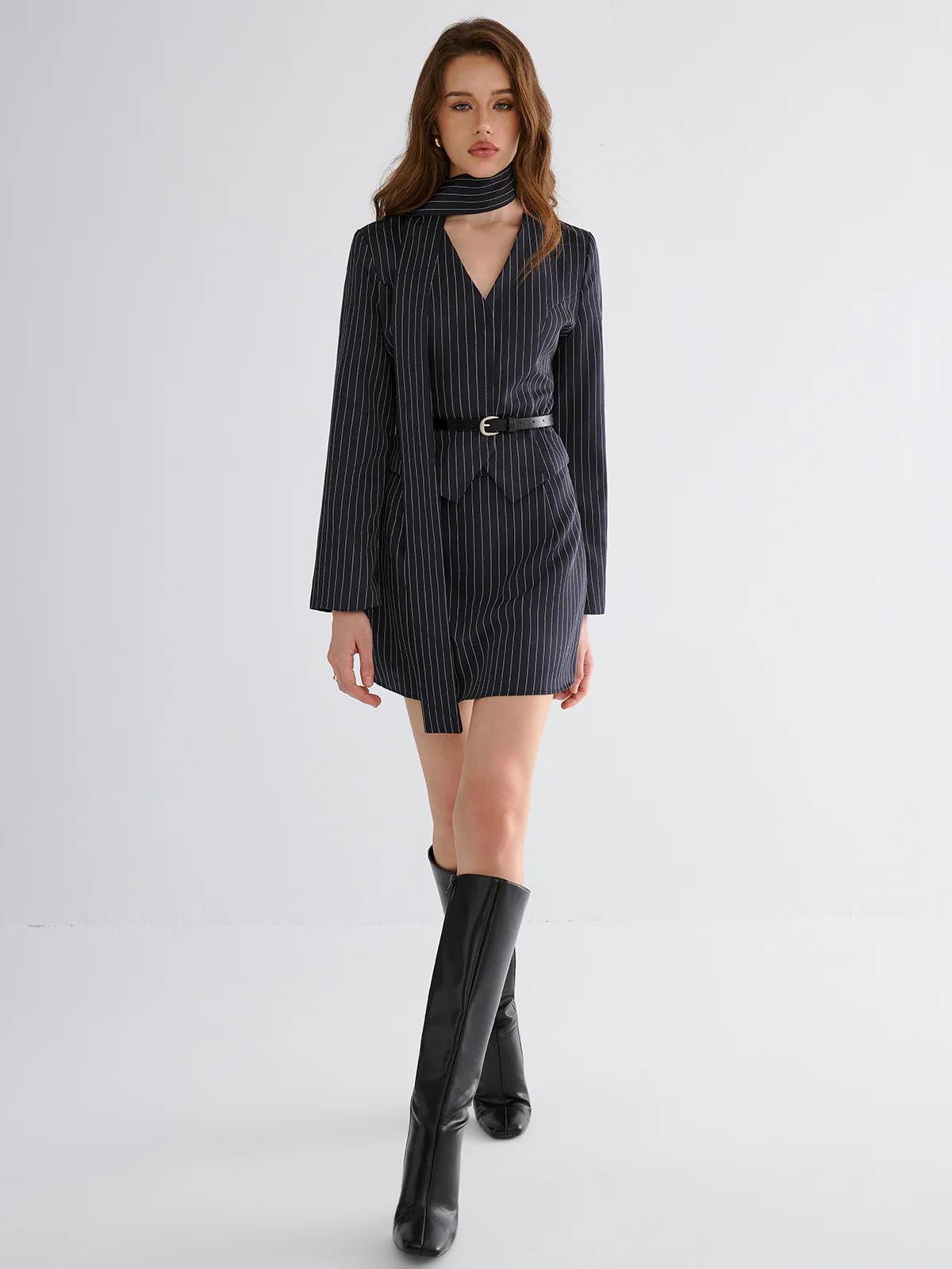 Pinstripe V-Neck Belted Blazer and Skirt Set - Wholesalesil