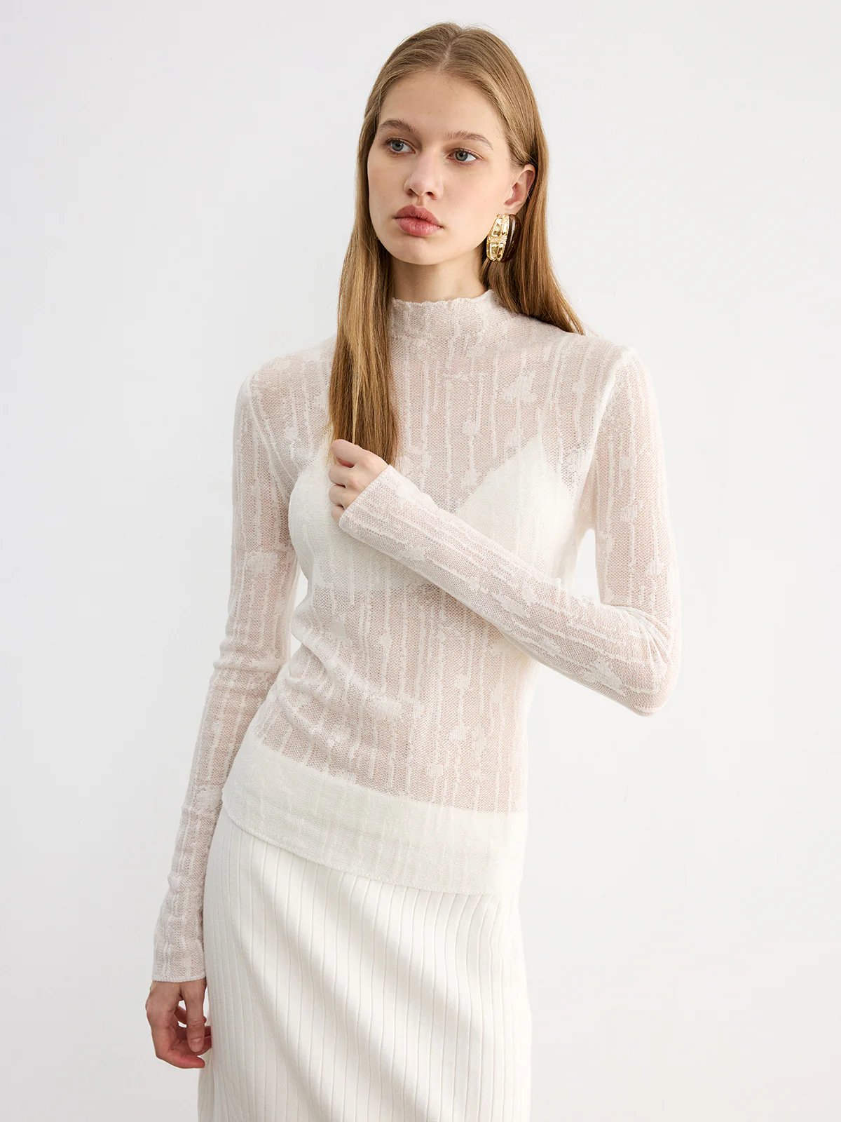 Wool Semi-Sheer Mock Neck Lace Top - Wholesalesil