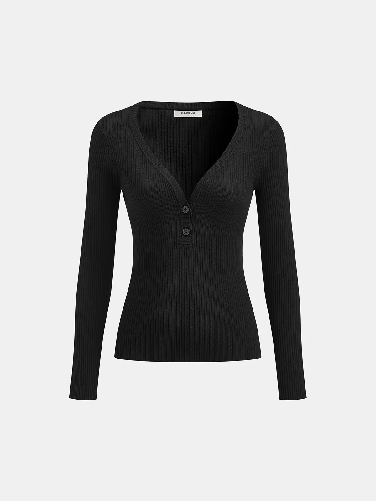 Button Placket Ribbed Knit Fitted V-Neck Top - Wholesalesil
