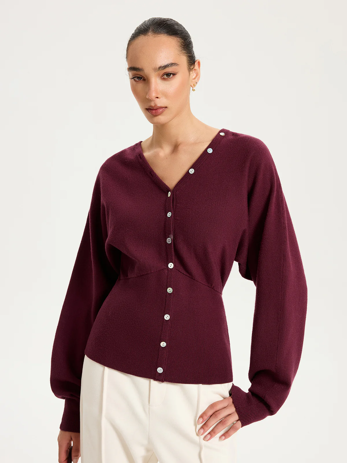 V-Neck Long Sleeve Waist-Cinched Buttoned Cardigan - Wholesalesil