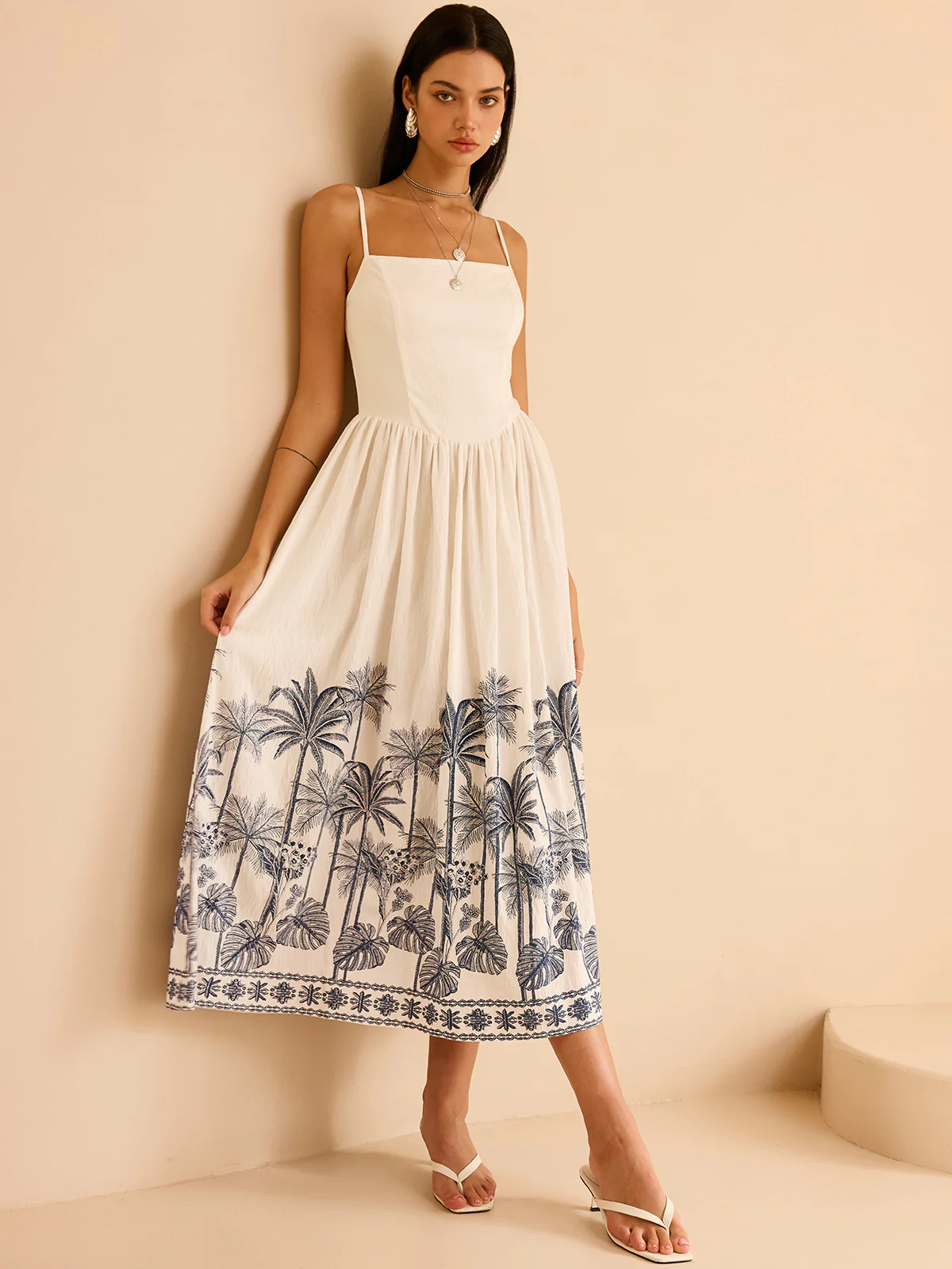 Semi-Sheer Tropical Palm Print Tie-Back Maxi Dress - Wholesalesil