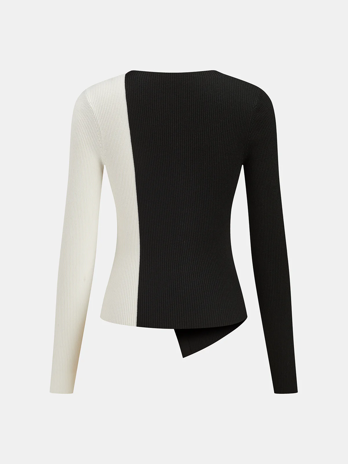 Asymmetric Color Block Metal Button Ribbed Knit Top - Wholesalesil