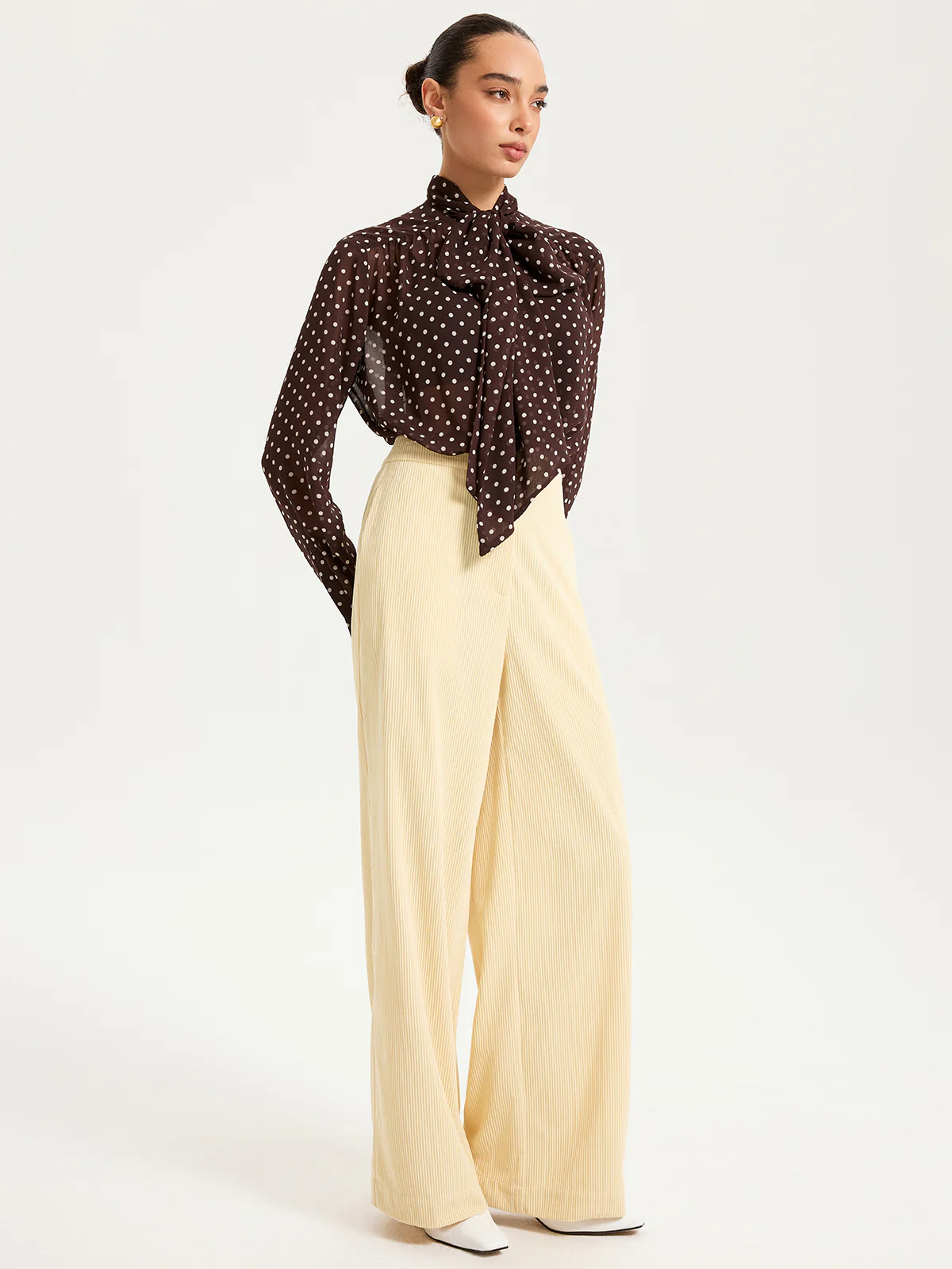 Semi-Sheer Polka Dot Chiffon Bow Blouse - Wholesalesil