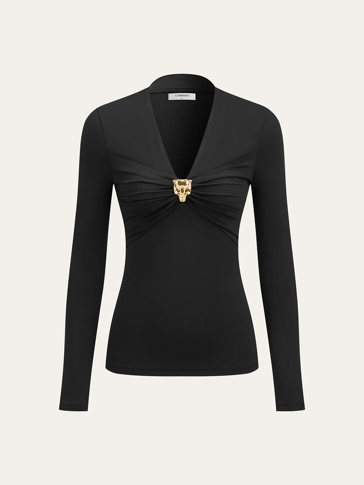 Metal Detail V-Neck Long Sleeve Blouse - Wholesalesil