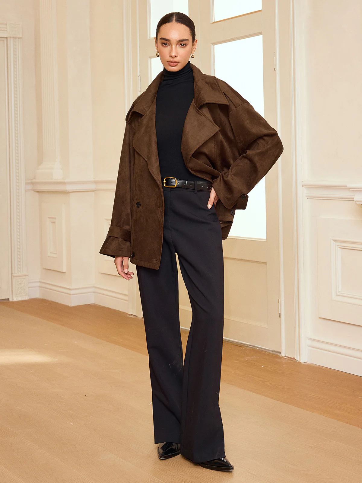 Lapel Suede Effect Belted Trench Coat - Wholesalesil