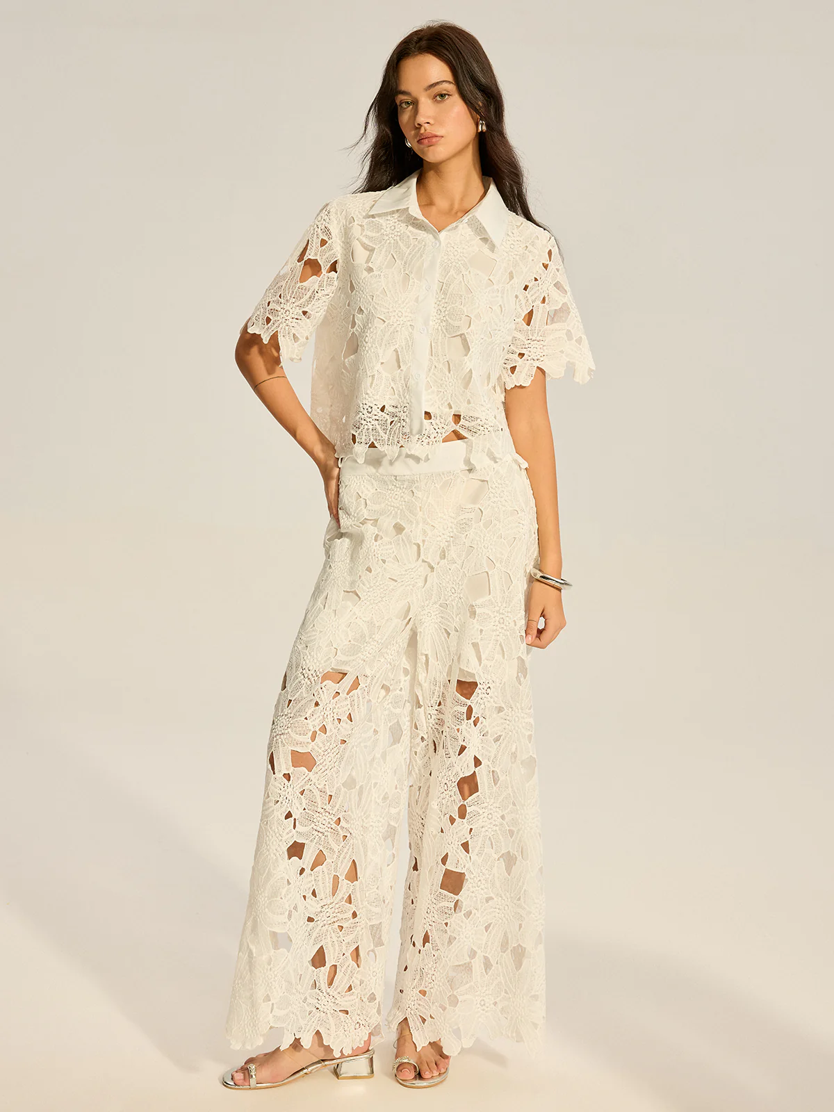 Lace Crochet Cut-Out Top and Wide-Leg Pants Set - Wholesalesil