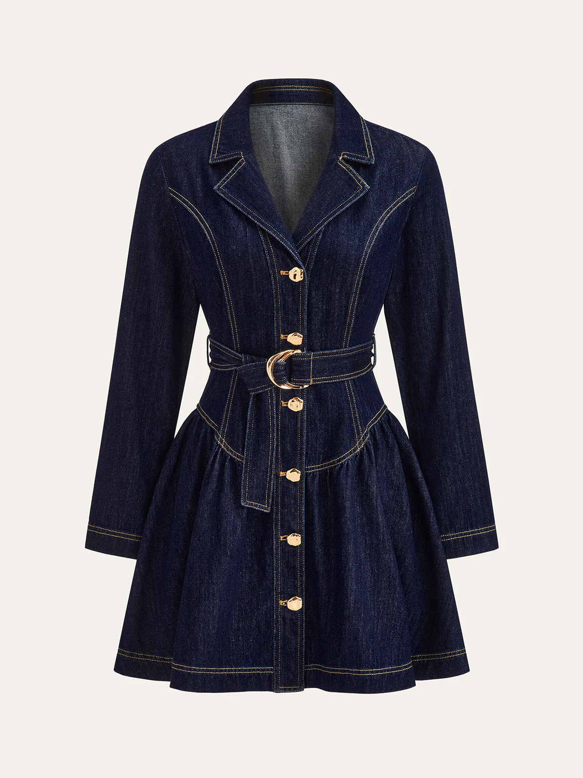 Metal Button Belted Denim Flare Mini Dress - Wholesalesil