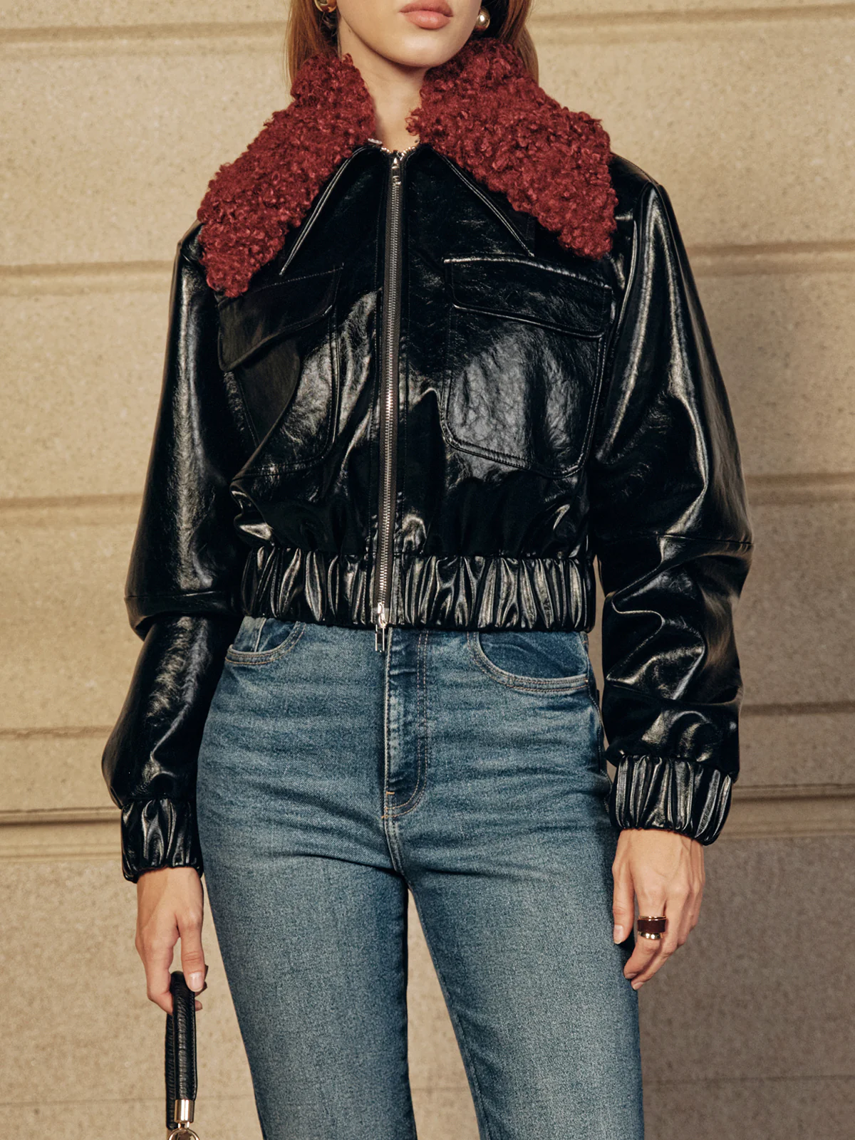 Faux Fur Collar Cropped PU Leather Jacket - Wholesalesil