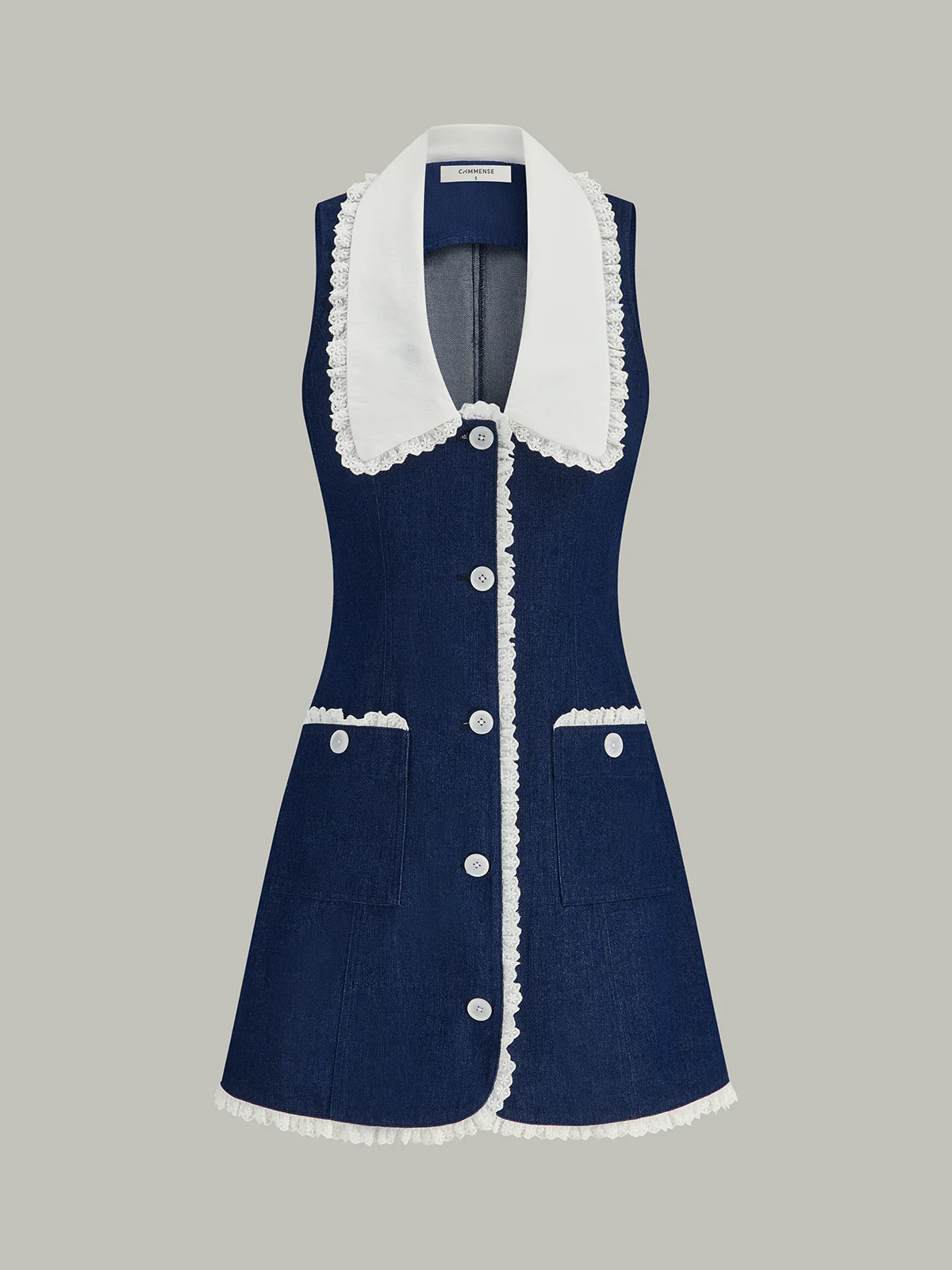 Denim Lace Trim Lapel Mini Dress - Wholesalesil