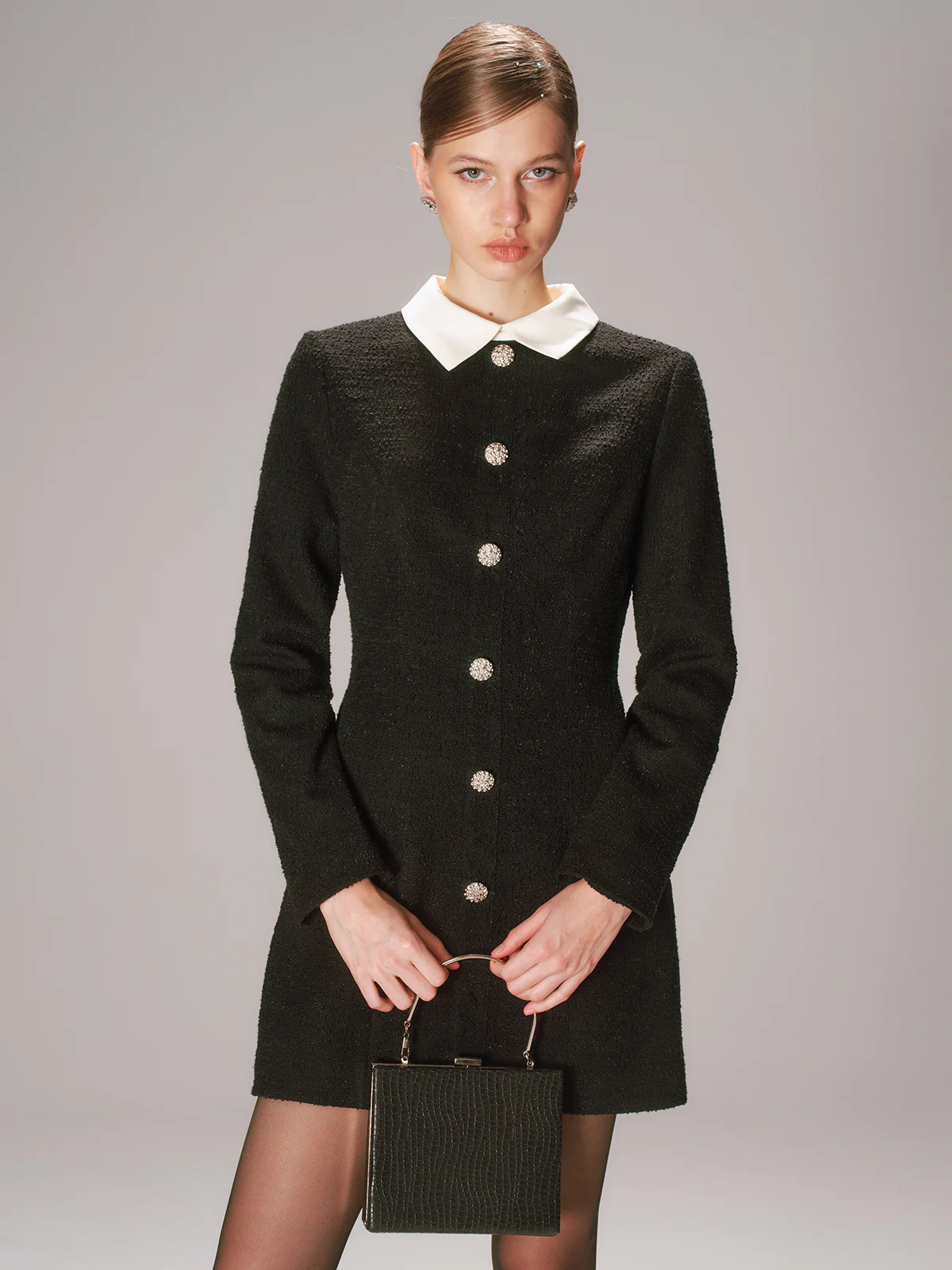 Contrast Collar Tweed Mini Dress - Wholesalesil